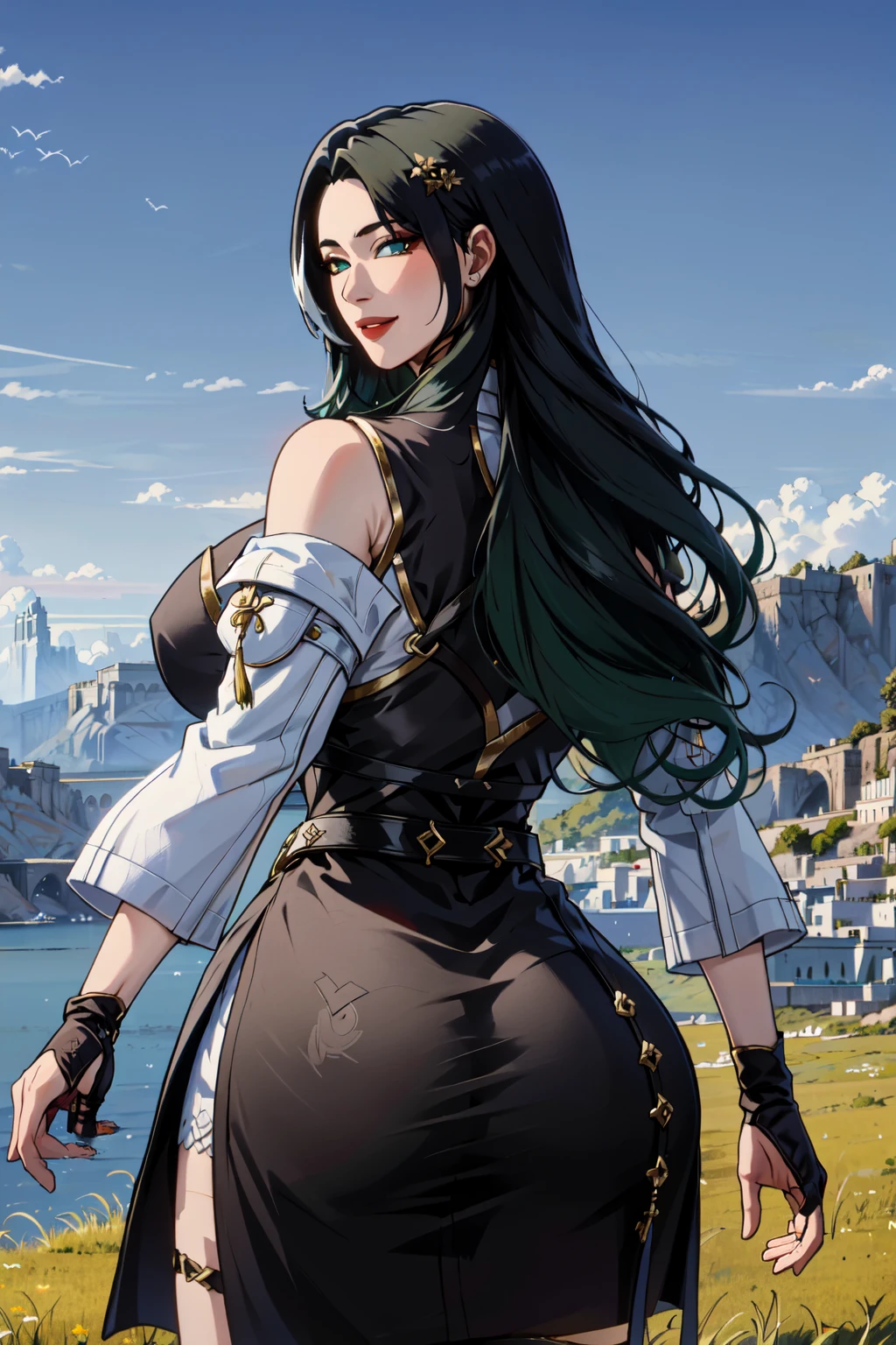((masterpiece)), ((best quality)), (ultra-detailed), absurdres, extremely detailed CG unity 8k wallpaper, Official Art, beautiful face, expressive eyes, solo, 1girl, large breasts, narrow waist, wide hips, sharp eyelashes, lips, black hair, white hair, streaked hair, green hair, gradient hair, multicolored hair, very long hair <lora:Baizhi:0.8> baizhi. hair ornament, china dress, belt, fingerless gloves, detached sleeves, thigh strap, scenery, blue sky, from behind, outdoors, illustration, dramatic lighting, seductive smile, parted lips, ((masterpiece)), , absurdres, HDR