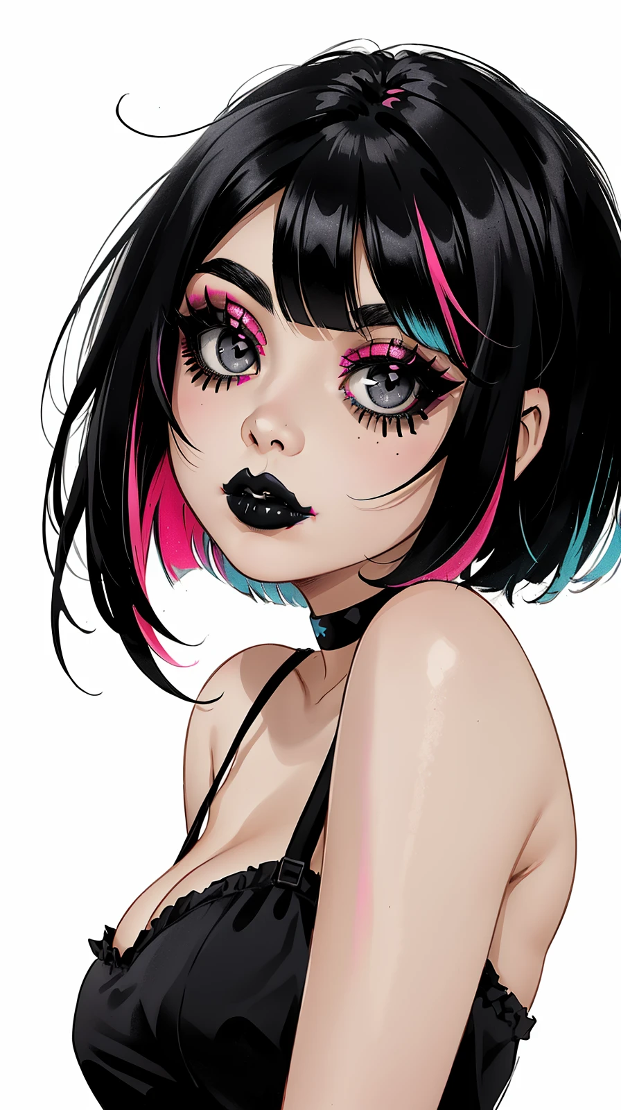 <lora:Diane_Sparks:1> black hair, grey eyes, eyeliner, gothic makeup, full lips, kawaii cute goth girl in a cartoon style, 1girl,solo, upper body, looking at viewer, white background, bob cut, short hair, multicolored hair, makeup , parted lips, black lips, eyeliner, gothic, goth girl