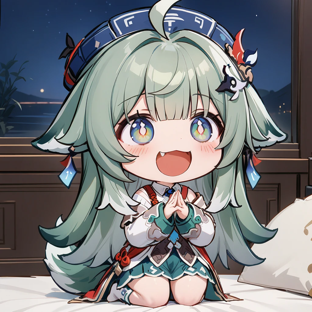 smile, :d, chibi,(masterpiece),(best quality),(best quality), huohuo \(honkai_star_rail\), hat, 1girl, perfect face, bright pupils, (finely detailed beautiful eyes), green eyes, wide_hips, green hair, long hair, bangs, ahoge, hair ornament, (white sweater, long sleeves, sleeves past wrists), pleated skirt, white legwear, fox tail, night, indoors, full body, shoulder level shot, wide shot, (kneeling, on bed), v arms, (delicate fingers, five fingers on hand),