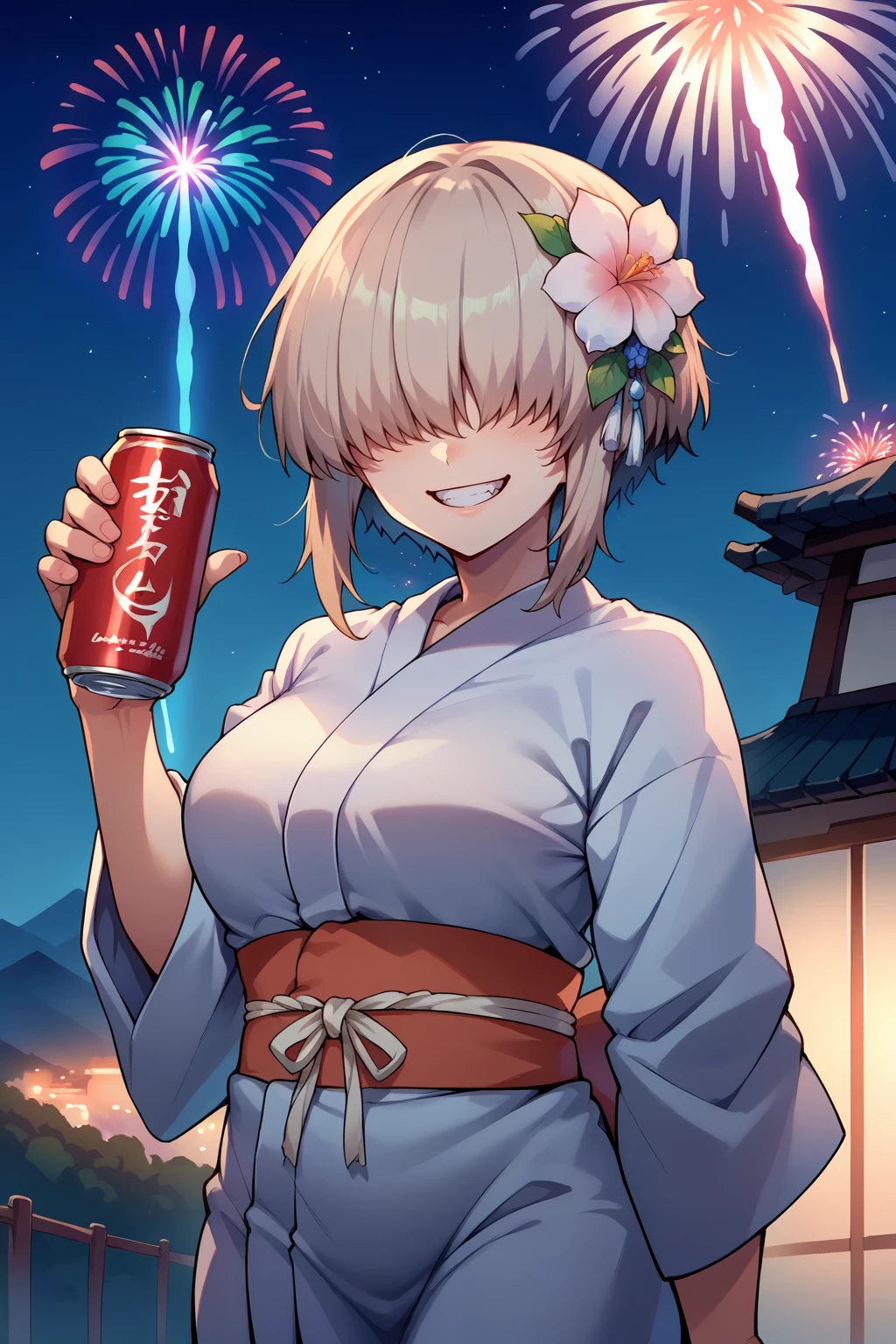 score_9, score_8_up, score_7_up, source_anime, cowboy shot, looking at viewer, smile, teeth, ynguzk, fang, covered eyes, short hair with long locks, hair flower ornament, yukata, sash,, holding, soda can, outdoors, night, hill, fireworks, skyline, <lora:Hoseki_UzakiChan_YanagiUzaki_PDXL_v1:1>