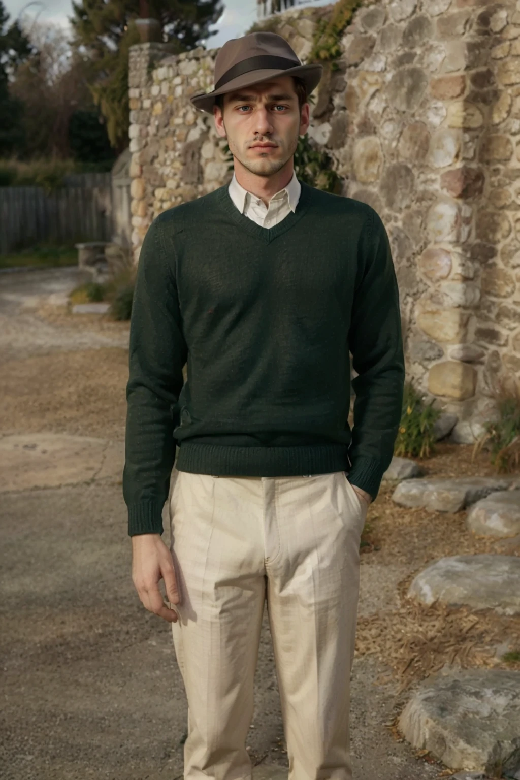 1940s Fashion, professional photo of thin 24yo ((man)) in green sweater with shirt, creme white pants with hat and shoes, 4k, 8k, high quality, perfect lighting, detailed face and detailed eyes, skin detail,  solo focus, photography raw, outside stone wall, perfect lighting,  clean smooth skin, full body, looking at camera, detailed eyes, pretty face, full body standing, photoshoot, <lora:1940sFashion-000002:0.8>