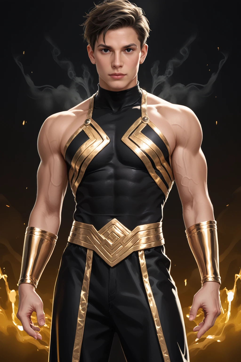 score_9,score_8_up,score_7_up male, muscle, looking at viewer, black short hair, black eyes, clothes in black gold costume, random pose, neon gold smoke background <lora:Malbonte pony:0.75> malbonte