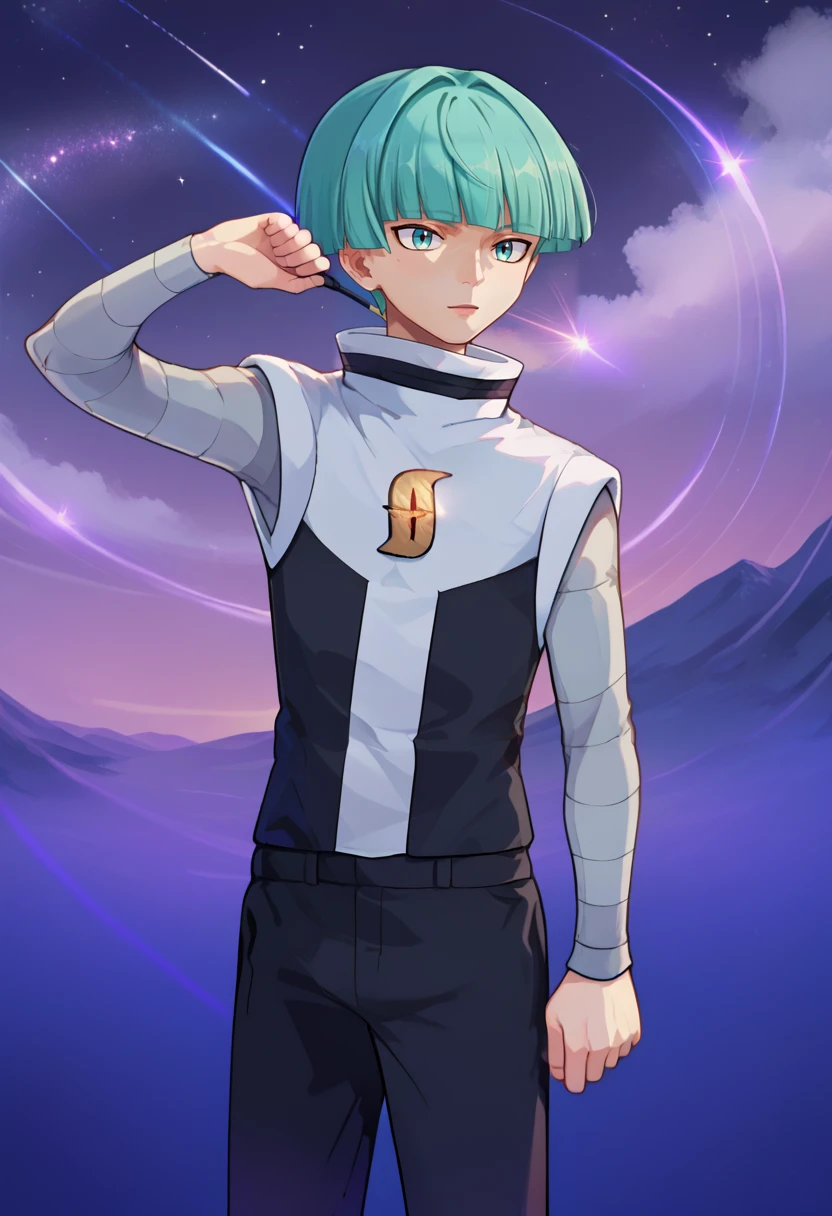 score_9, score_8_up, score_7_up, masterpiece, best quality, amazing quality, best aesthetic, ,absurdres,intricate details,galaxy grunt, green hair, green eyes, white boots, black pants, long sleeves, grey shirt, vest, 1boy,score_9_up<lora:EMS-373804-EMS:0.800000>, <lora:EMS-382820-EMS:1.000000>