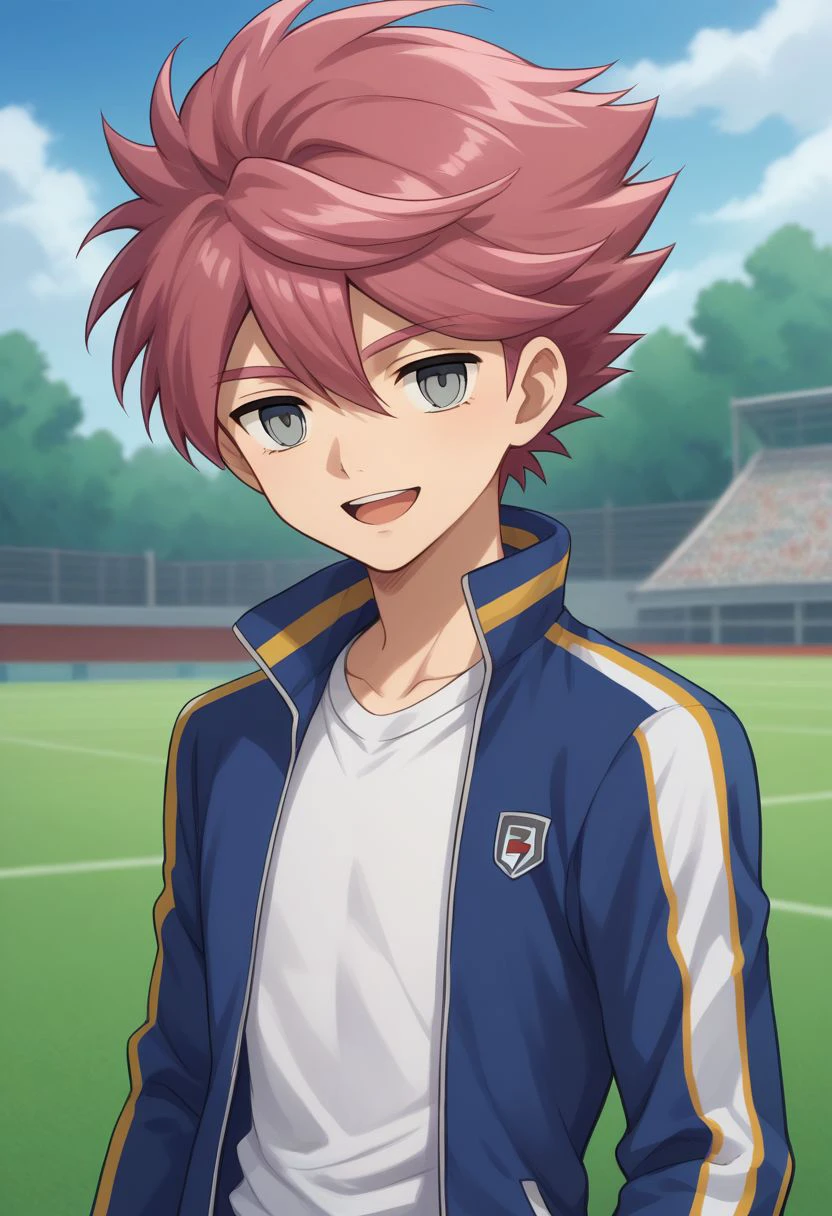 score_9, score_8_up, score_7_up, source_anime, highly detailed, 1boy, solo, male_focus, 
slender, skinny, 
yuuma, 1boy, male focus, open mouth, jacket, upper body, soccer uniform, solo, open jacket, looking at viewer, pink hair, open clothes, empty eyes, track jacket, sportswear, smile,
outdoor,