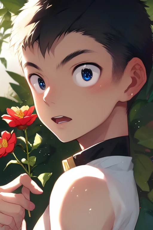 anime artwork, master piece, best quality, BREAK 1boy, solo,
jyunzaburou, detailed hair, transparent hair, looking at viewer, Delicate eyes, beautiful eyes, detailed eyes, upper body hi res, detailed, perfect bow,outdoor, (holding flower:1.3) dutch angle, In the garden,clean, beautiful face, pure face, pale skin, (hyper extreme detailed:1.05), stunning lighting effects, warm light projection,  ((male short hair)),((boys short hair)), ((very short hair)), black hair, black eyes,  <lora:jyunzaburouSD:1.5>