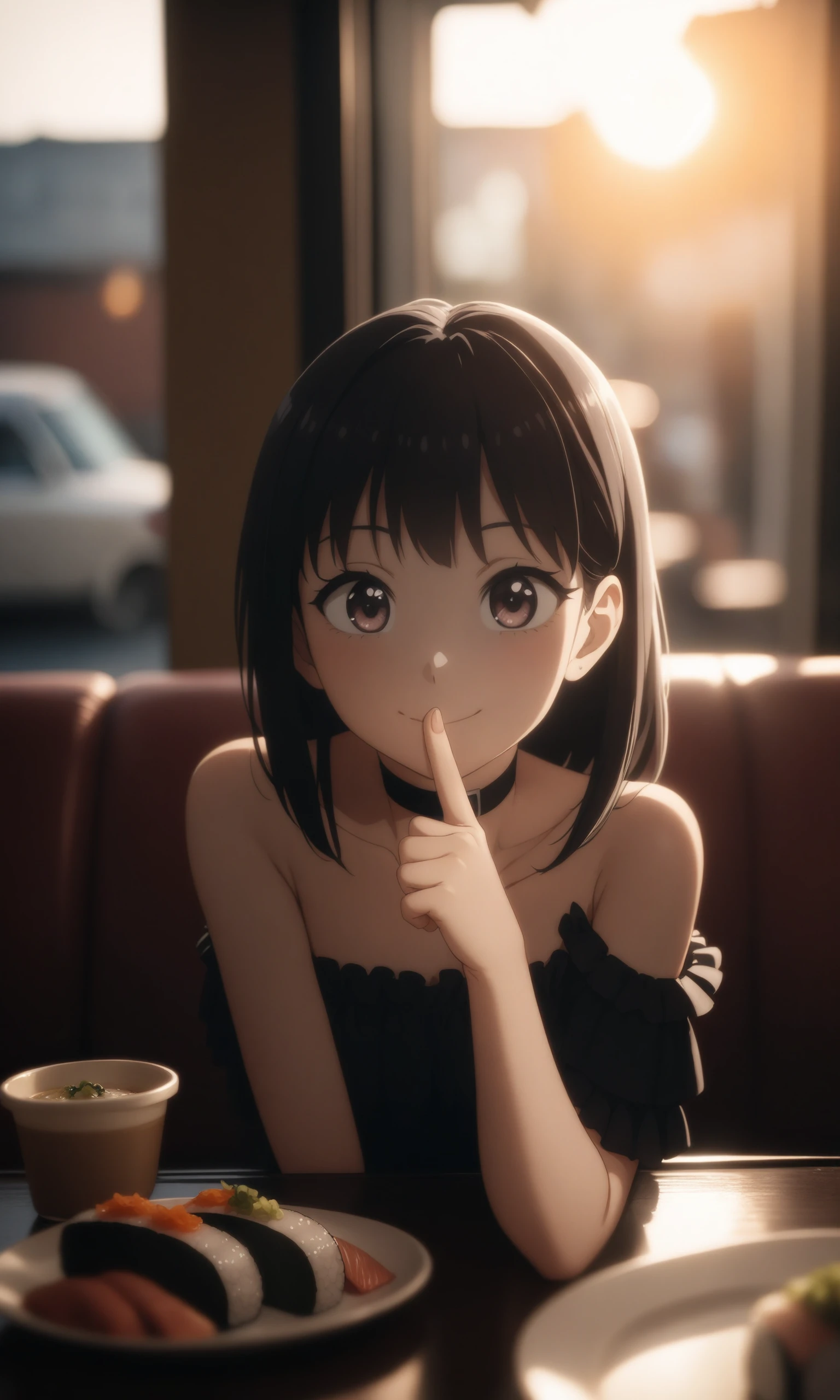 anime art style,amazing quality,masterpiece,best quality,awesome,inspiring,cinematic composition,soft shadows,Film grain,shallow depth of field,highly detailed,high budget,cinemascope,epic,color graded cinematic,atmospheric lighting,imperfections,natural,shallow dof,
1girl,solo,restaurant,day,indoors,window,couch,sitting,on couch,behind table,looking at viewer,sushi,plate,(index finger raised:1.1),finger on own chin,smile,closed mouth,reaching towards viewer,pov,off-shouder shirt,(frills:1.1),bare shoulder,black choker,