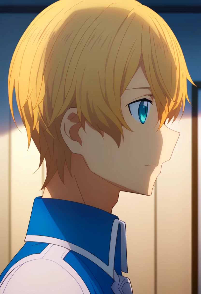 score_9, <lora:eugeo:1> eugeo, 1boy, bangs, blonde hair, blue cape, blue eyes, close-up, eugeo, from side, hair between eyes, indoors, kirito, male focus, portrait, short hair, solo, upper body