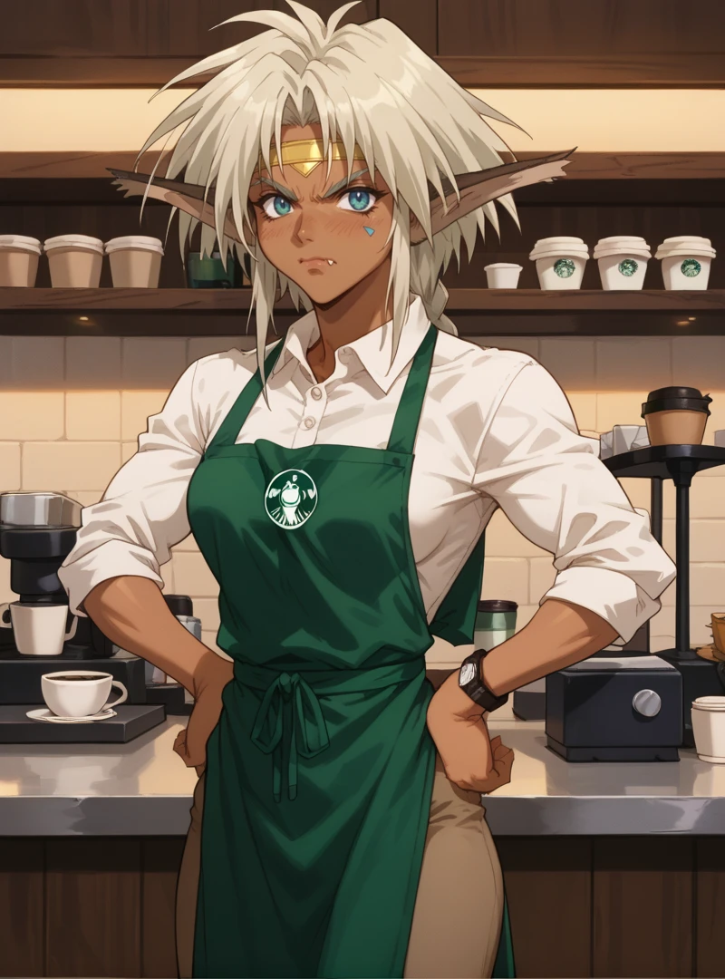 (score_9,score_8_up,score_7_up), <lora:Outlaw_Star_Aisha:1>, olsaisha, standing, hands on hips, barista outfit, apron, solo, annoyed expression, fang, coffee shop,