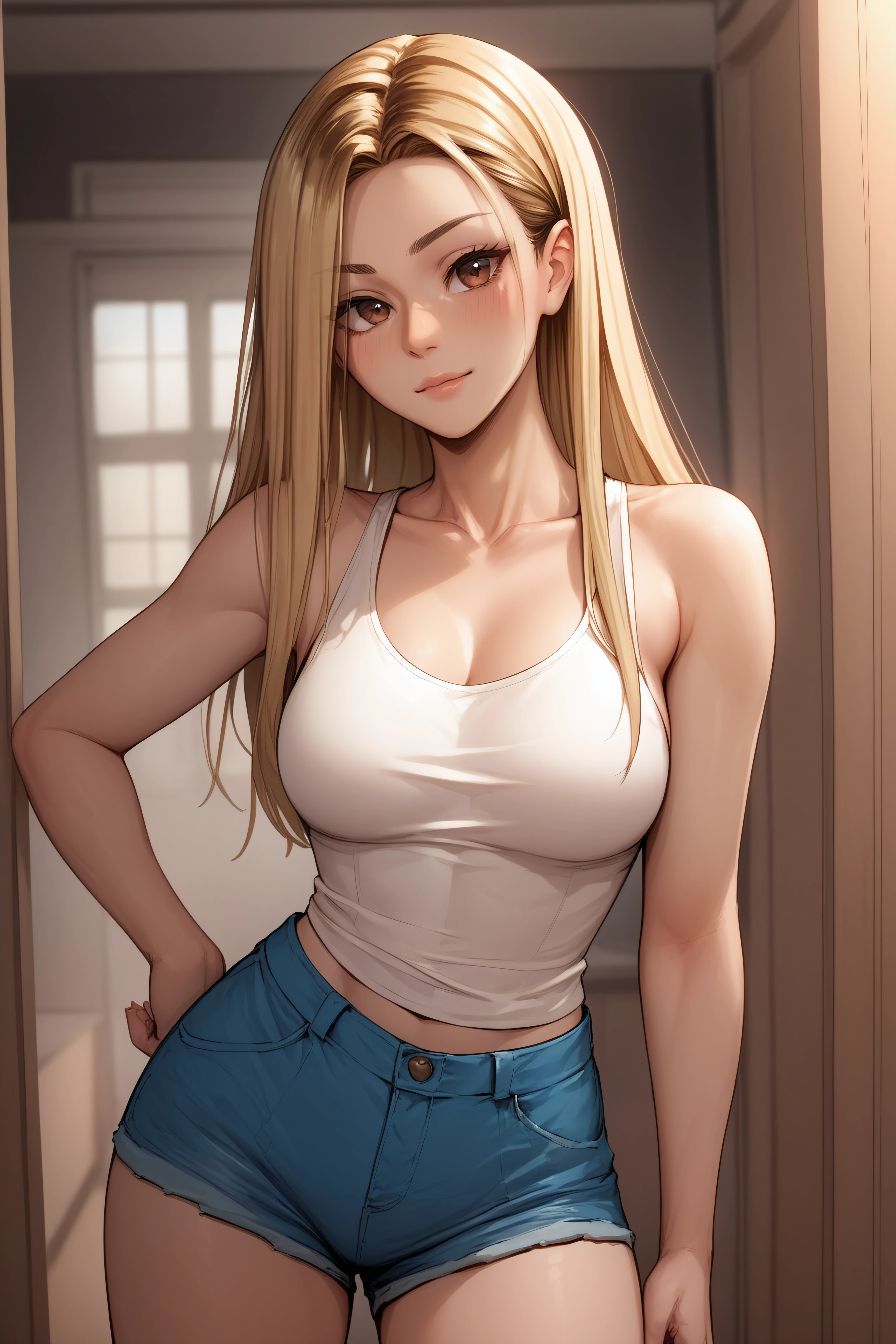 score_9, score_8_up, score_7_up, <lora:Jia Han-PonyXL-lora-Faxtron:0.8> jia han, brown eyes, blonde hair, multicolored hair, long hair, medium breasts, white tank top, bare shoulders, collarbone, sleeveless, blue denim shorts, standing,