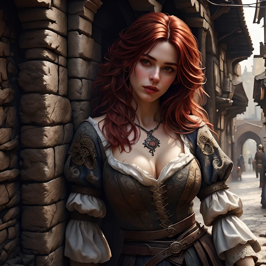 RAW photo, (masterpiece:1.3), subsurface scattering, heavy shadow, (high quality:1.4), (intricate, high detail:1.2), professional photography, HDR, High Dynamic Range, realistic, ultra realistic, photorealistic, high resolution, film photography, ambient lighting, atmospheric effects, <lora:detail_slider_v4:2>, OverallDetail, a fantasy medieval tavern wench, <lora:Wench:1>, red hair, leaning against the wall in a dark alley, epiCPhoto