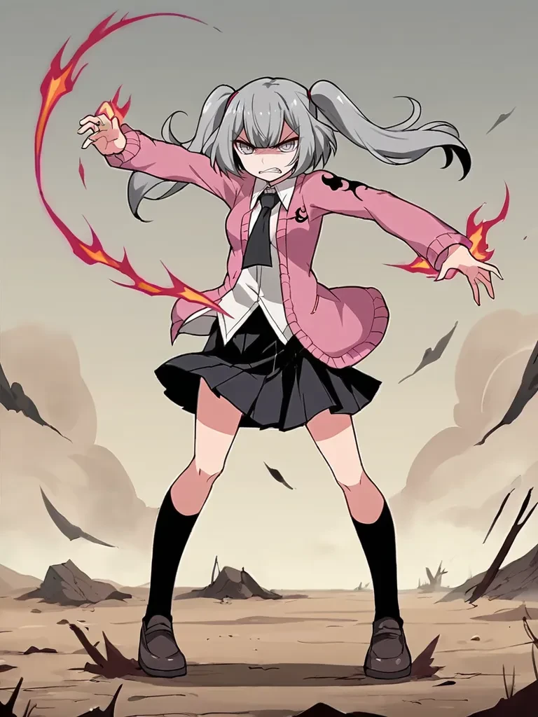 score_9, score_8_up, score_7_up, source_anime, 2D, flat colors, flat shadows, anime_screencap, <lora:marygolandpony:1>,
1girl, solo, meirisenhime, grey hair, twintails, grey eyes, pink cardigan, white shirty, black necktie, black skirt, school uniform, standing, serious, desert, wasteland, underworld, hell, purple flames, aura, dark aura, magic, dynamic pose, clenching teeth