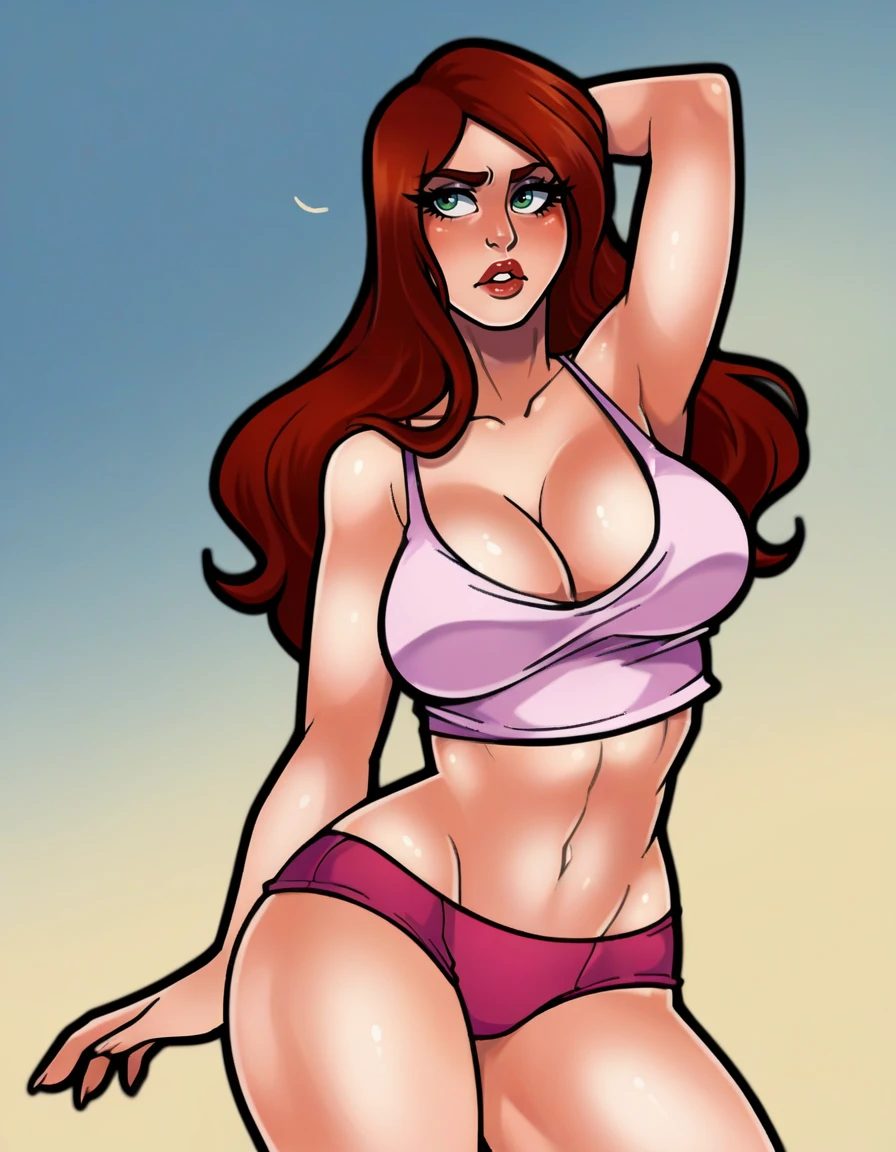 Red haired Latina, in white tank-top, white cotton panties, no pants, blue background, comic book art style, intricate details