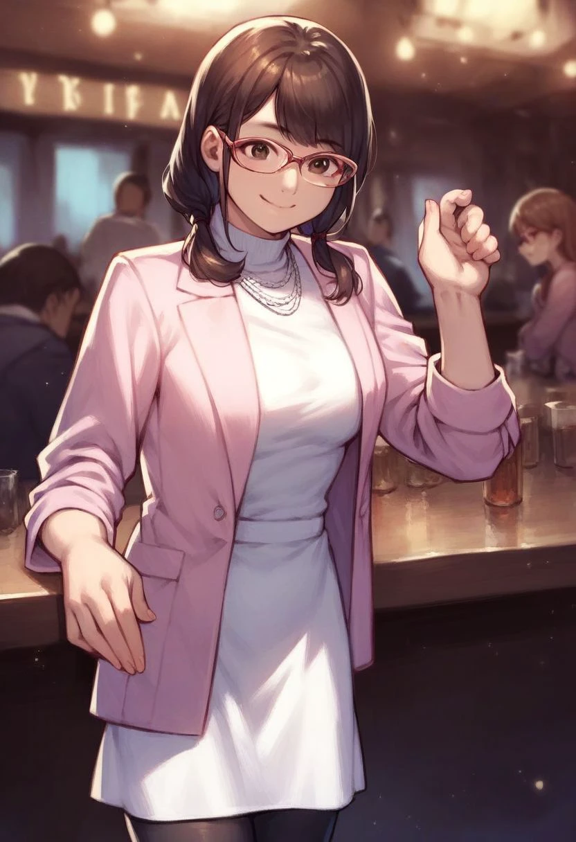 score_9_up, score_8_up, score_7_up, score_6_up, score_5_up, score_4_up, yuki_kiwami2, glasses, brown eyes, pink jacket, white turtleneck dress, necklace, black pantyhose, cute smile, in a nightclub