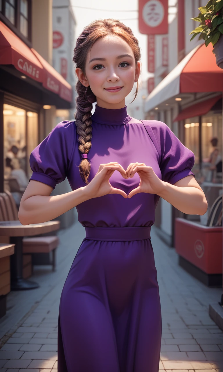 score_9, score_8_up, score_7_up, score_6_up, score_5_up, score_4_up,  slim girl in a street cafe ,  fiheartcl,  making heart with hands, purple short dress  , a blond braided ponytail    <lora:FingerHeartPony:.8>