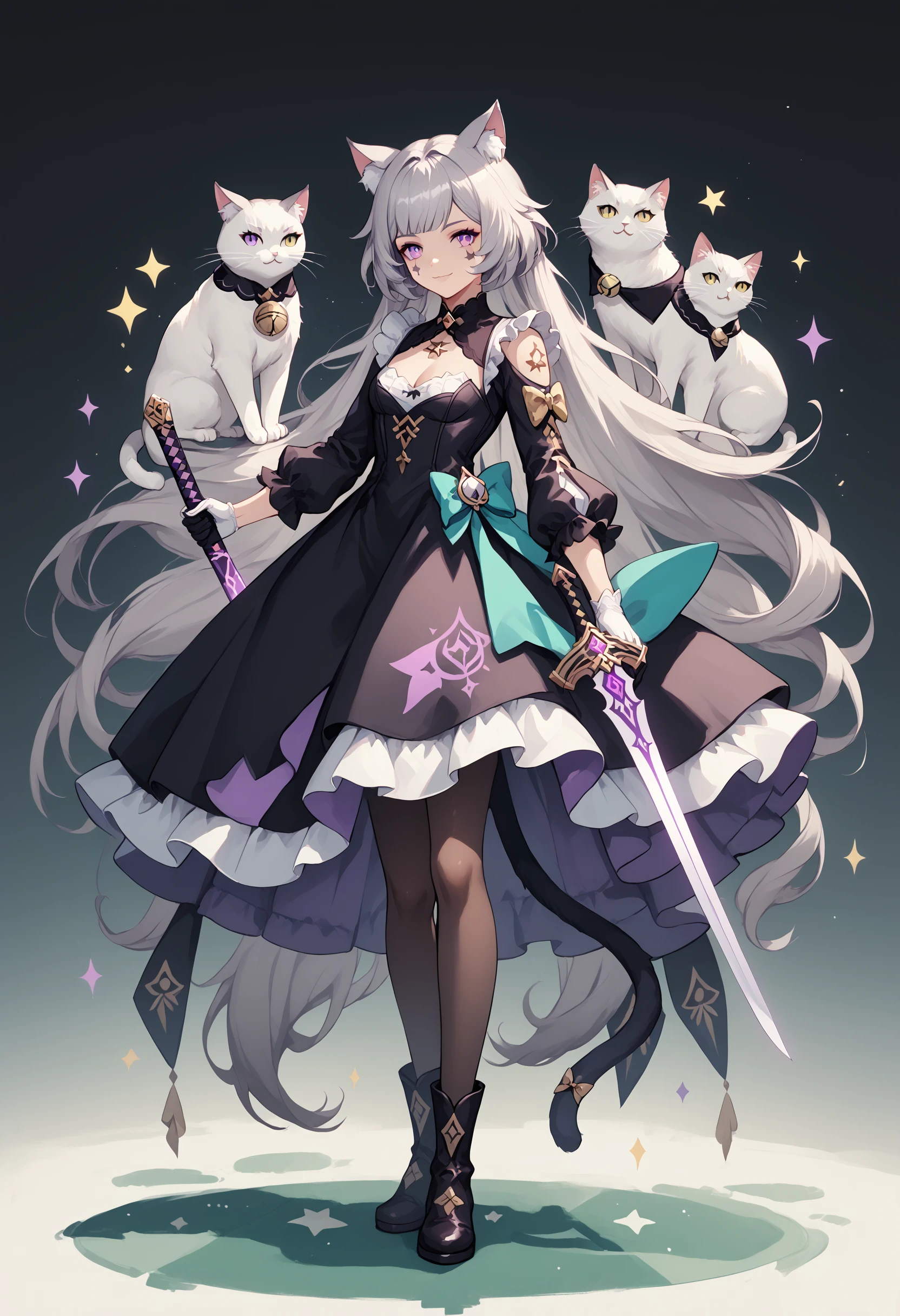 1girl, lynette \(genshin impact\), solo, animal ears, pantyhose, tail, breasts, cat ears, purple eyes, sword, cat tail, weapon, long hair, holding, card, gloves, looking at viewer, long sleeves, cat girl, holding sword, facial mark, black gloves, cleavage, boots, star facial mark, holding weapon, black pantyhose, black footwear, bow, star \(symbol\), grey hair, dress, black dress, closed mouth, aqua bow, back bow, animal ear fluff, huge bow, star tattoo, very long hair, light smile, small breasts, full body, playing card, tattoo, frilled dress, white gloves, looking to the side, two-tone gloves, frills, BREAK PonyXLV6_Scores