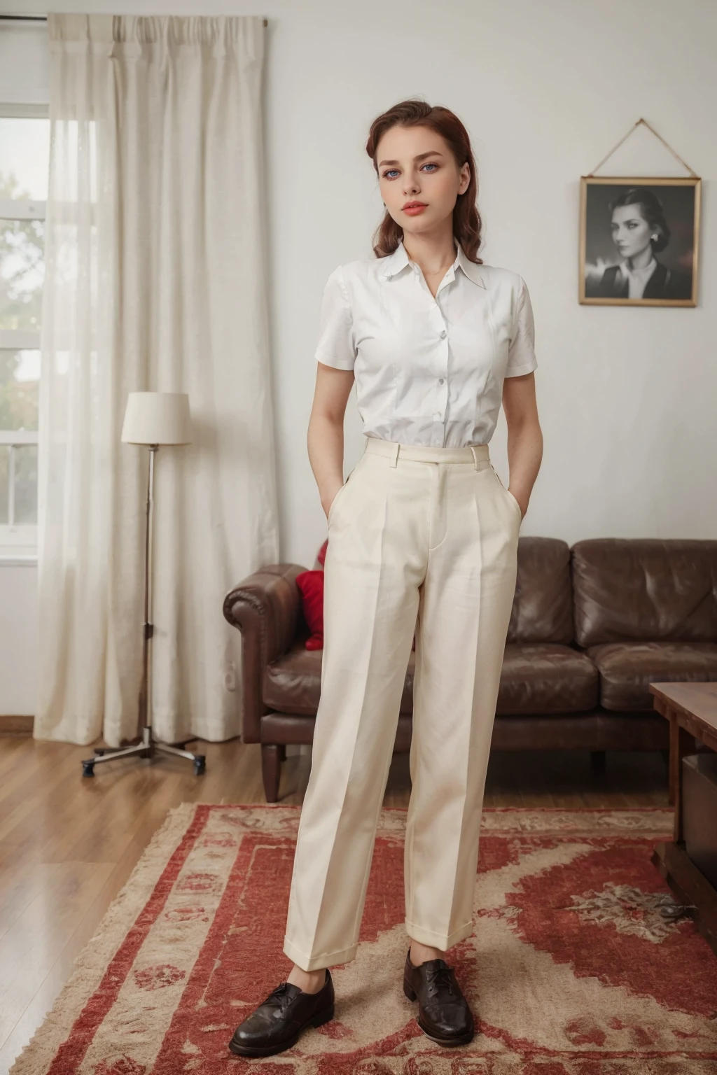 1940s Fashion, professional photo of 30yo woman in white shirt with short sleeves and red pants, details, clothing details, (shoes), (standing, strong pose),4k, 8k, high quality, perfect lighting, detailed face and detailed eyes, skin detail, solo focus, photography raw, (1940s living room background, ), perfect lighting, clean smooth skin, looking at camera, detailed eyes, pretty face, full body standing, <lora:1940sFashion-000002:0.6>, feminism, feminist pose