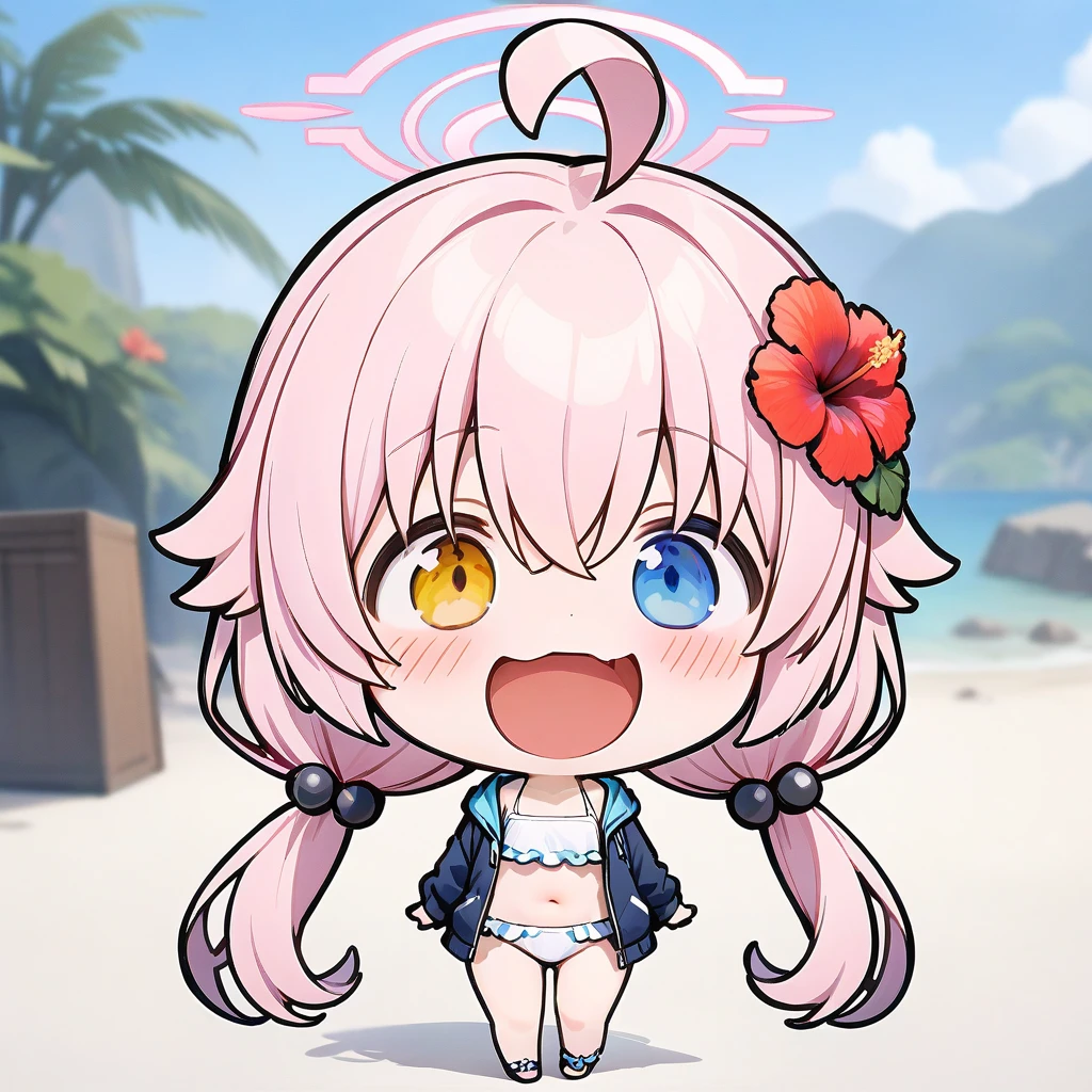 smile, :d, chibi,chibi, full body, (masterpiece),(best quality),solo, red flower, 1girl, hoshino (blue archive), flower, blue jacket, hoshino (swimsuit) (blue archive), hair ornament, white bikini, frilled bikini, heterochromia, swimsuit, twintails, long hair, ahoge, yellow eyes, bikini, navel, halo, blush, looking at viewer, jacket, frills, low twintails, blue eyes, open mouth, pink hair, collarbone, hair between eyes, hair bobbles, outdoors, long sleeves, hair flower, official alternate costume, hibiscus, open clothes, blurry