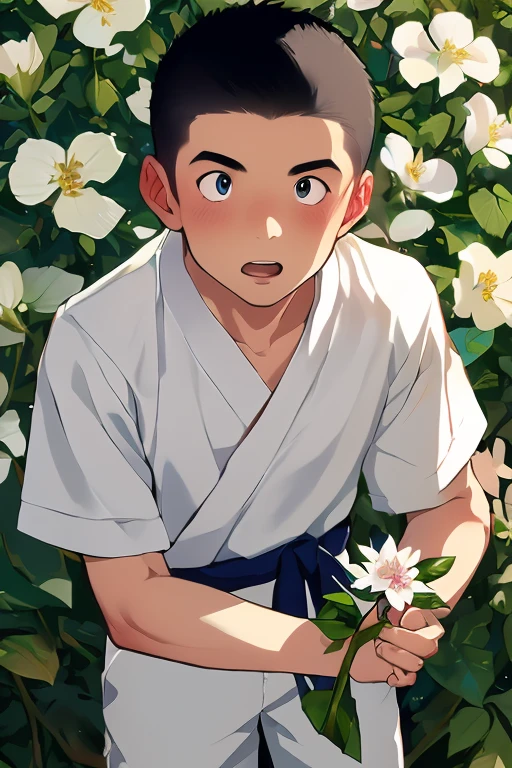 anime artwork, master piece, best quality, BREAK 1boy, solo,
taniguchi, outdoor, (holding flower:1.3) In the garden, white shirt, clean, ((male short hair)),((boys short hair)), ((very short hair)), black hair, black eyes,
<lora:taniguchiSD:1.5>