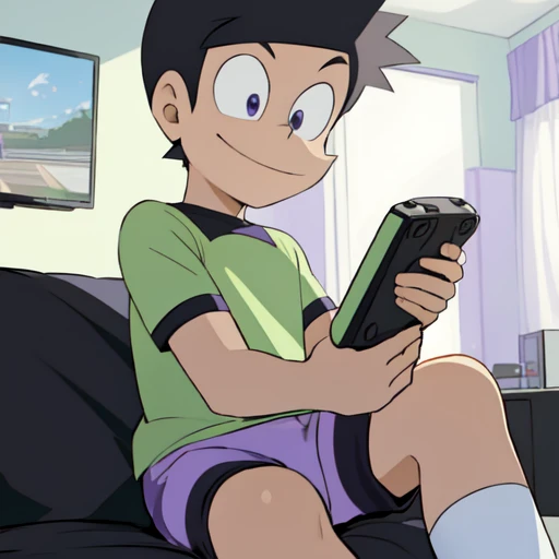 solo, 1boy, dorasneech, (black eyes, small pupils:1.2), smile, green tshirt, short sleeves, purple shorts, white sox, sitting, crossing legs, holding game controller, precise lighting, precise background, anime, indoors, living room, luxury