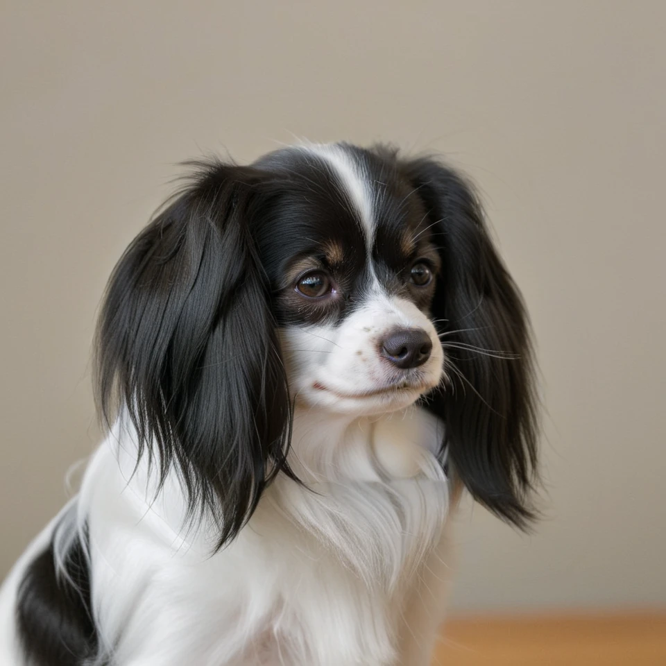 realistic upper body photograph of head (profile:1.1) of black-white continental toy spaniel (Phalene:1.1)  dog having (long-hair ears:1.3) (head:1.1), The dog has a narrow white blaze between the eyes, the dog's forehead hangs over its muzzle
BREAK illustration, flat vector graphics, (monochrome two colors:1.2), thin sharp outline, sticker imitation, NOBLEDOGS_CTS  <lora:NOBLEDOGS_CTS-000017:0.65>