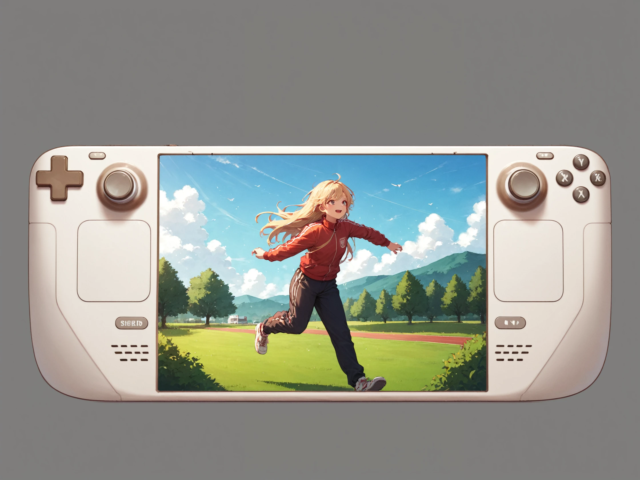 score_9, score_8_up, score_7_up, 
 <lora:steamdeck.pony.v2:0.6> 
(steamdeck, fontalsteam, white steambackground)
[1girl,outdoors, park, tree,bush, running, long hair, blond hair, tracksuit:0.15],