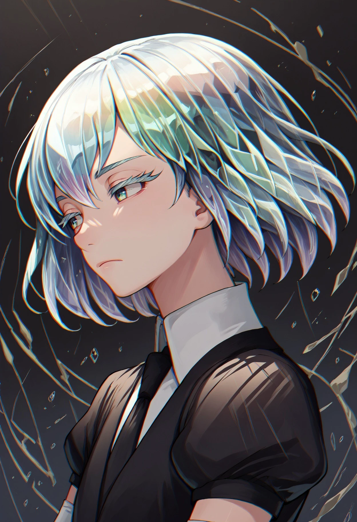 chromatic aberration ,hskdmnd, crystal hair, colored eyelashes, multicolored hair, short hair, black shirt, puffy short sleeves, collared shirt, black necktie, elbow gloves, white gloves, dark background, upper body, from side, head tilt, expressionless, 
score_9,score_8_up,score_7_up,source_anime, 
<lora:potat_chromatic_aberration_PDXL_v2:1> <lora:Hoseki_HousekiNoKuni_Diamond_PDXL_v1:0.8>