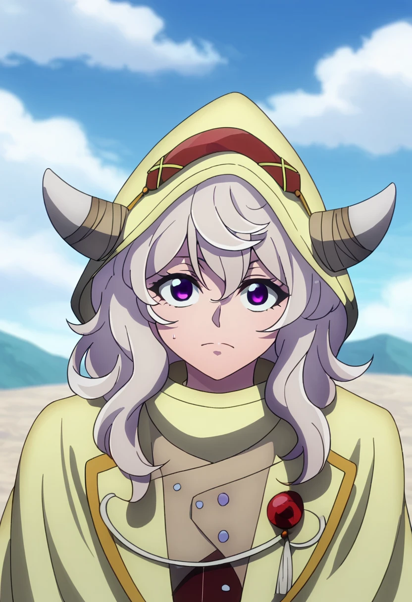 score_9, <lora:Animalia:1> Animalia, 1girl, horns, solo, purple eyes, outdoors, day, upper body, hood, sky, blue sky, hair between eyes, closed mouth, looking at viewer, grey hair, long hair, cloud, parody, cloak