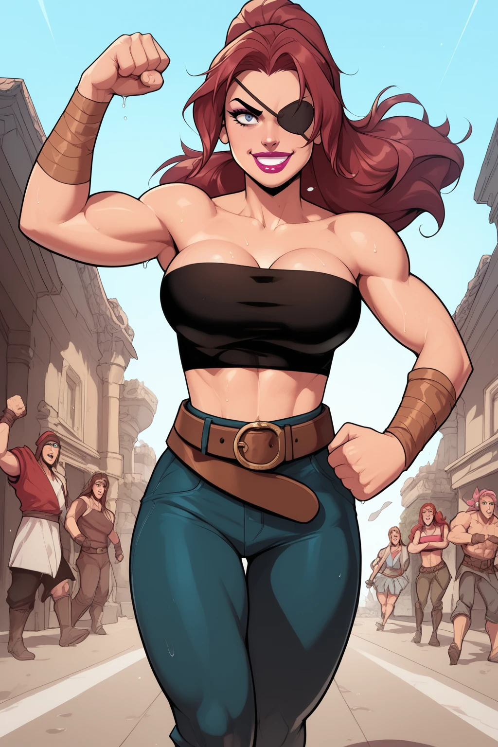 score_9, score_8_up, score_7_up, masterpiece, high quality
 <lora:Hongryeon WiPonyLoRA:0.8>hongryeon, long hair, ponytail, eyepatch, bandaged arm, tube top, belt, pants, , smile, walking, fighting pose, sweaty, wet, angry, fists up, boxing pose
 <lora:CherryMouseStreetStylePonyLyco:1> 1girl, lipstick, uncensored, makeup,  nose, lips, solo