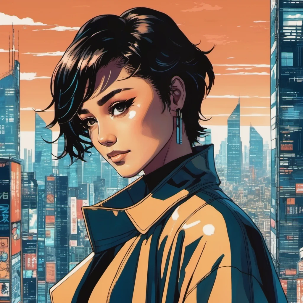 ((90s Anime style illustrattion)) drawing of a closeup on face of woman wearing a long matrix coat,futuristic city in the background, akira, 2D, , tyxla, <lora:tyla_juggerX_xl_1_st_wocap-tyxla-000086:1>
