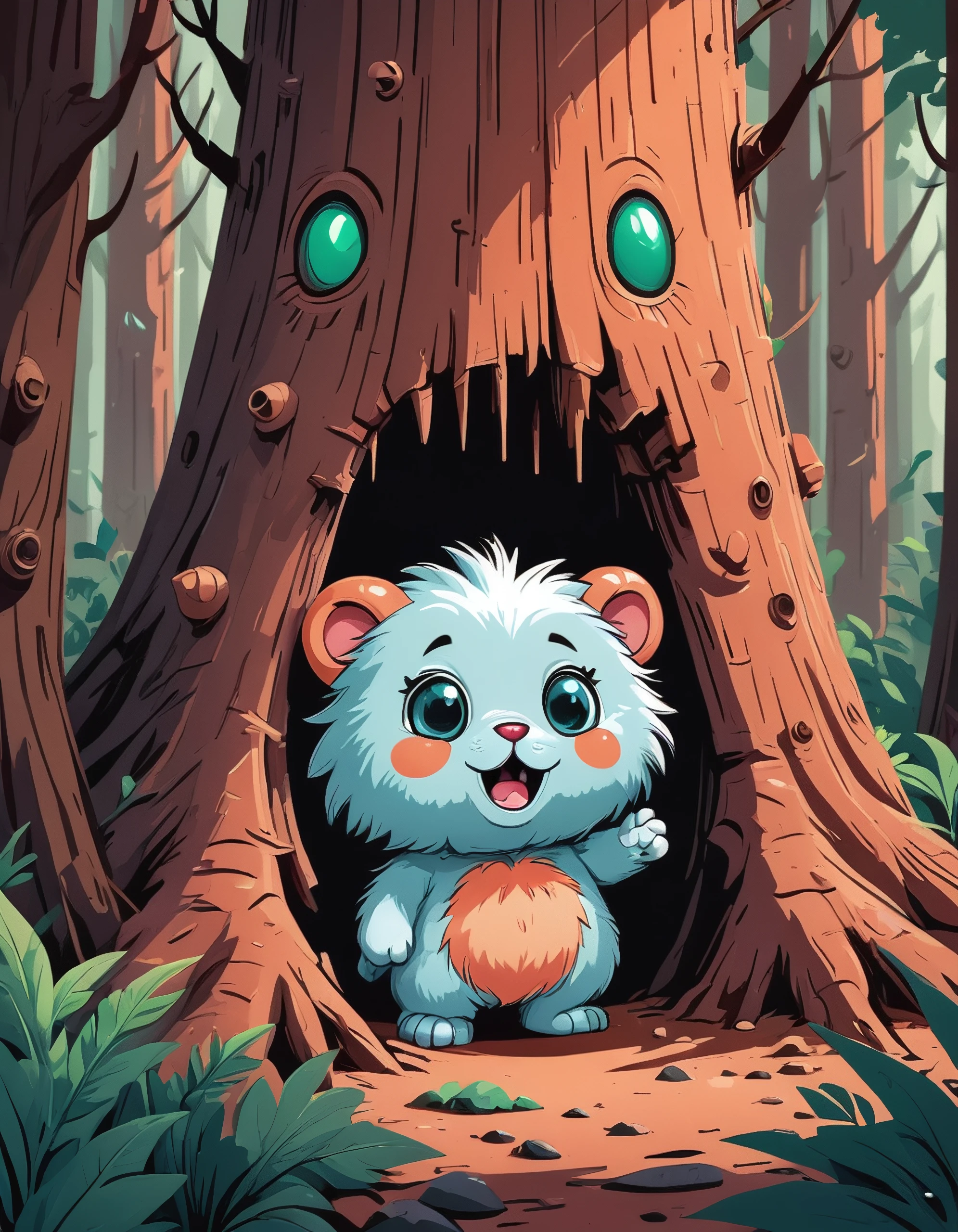 cute fluffy creature from mars in a dense forest, peeking around a tree, digital art, cartoon style