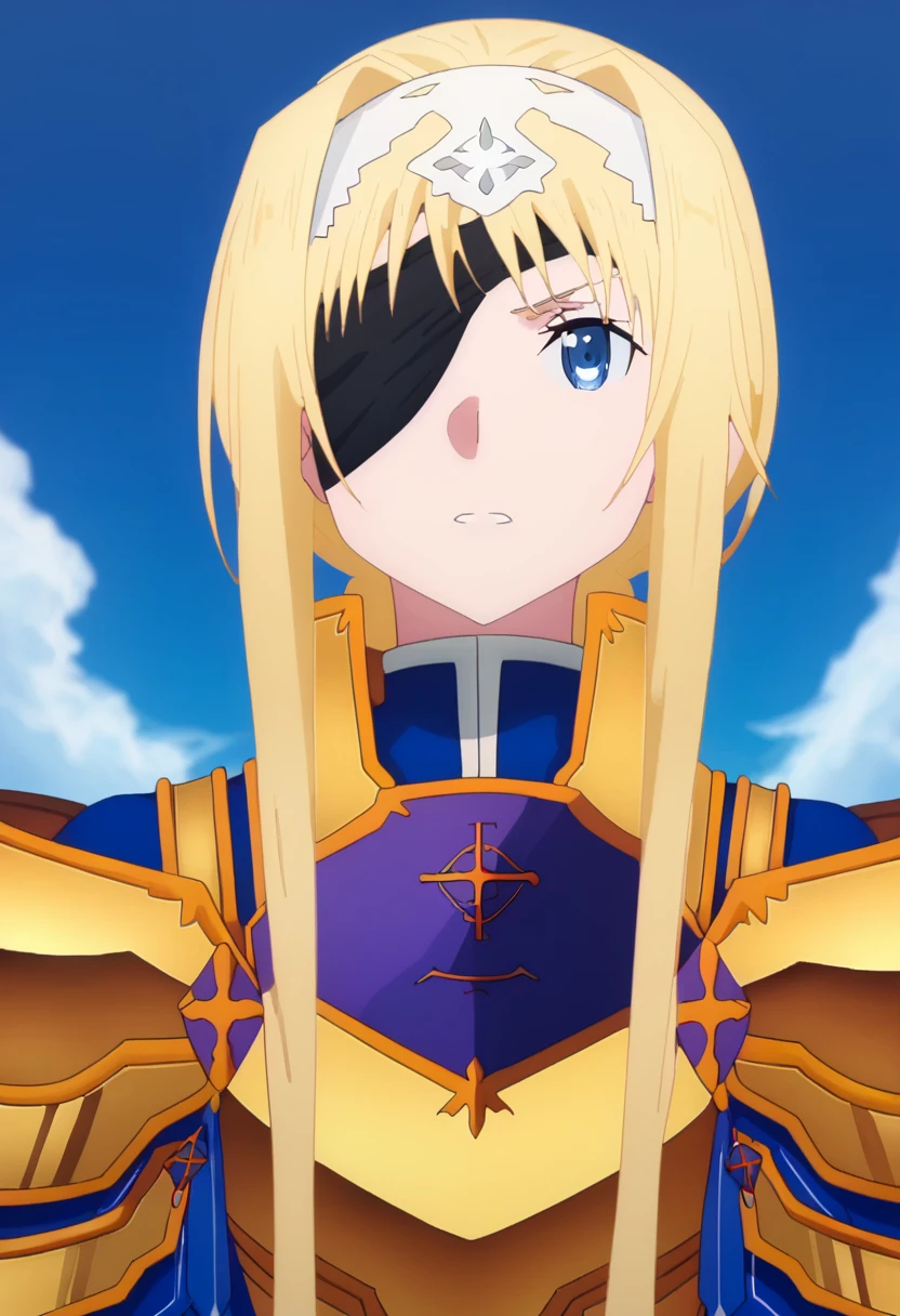 score_9, <lora:alice_zuberg:1> alice zuberg, 1girl, sky, blonde hair, solo, eyepatch, gold armor, white hairband, blue eyes, long hair, hairband, armor