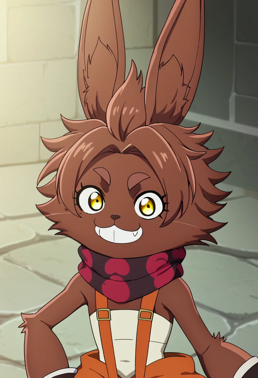 score_9, <lora:Bilac:1> bilac, 1girl, animal ears, bilac, brown hair, dark skin, furry, furry female, rabbit ears, sarashi, scarf, short hair, smile, solo, teeth, thick eyebrows, yellow eyes