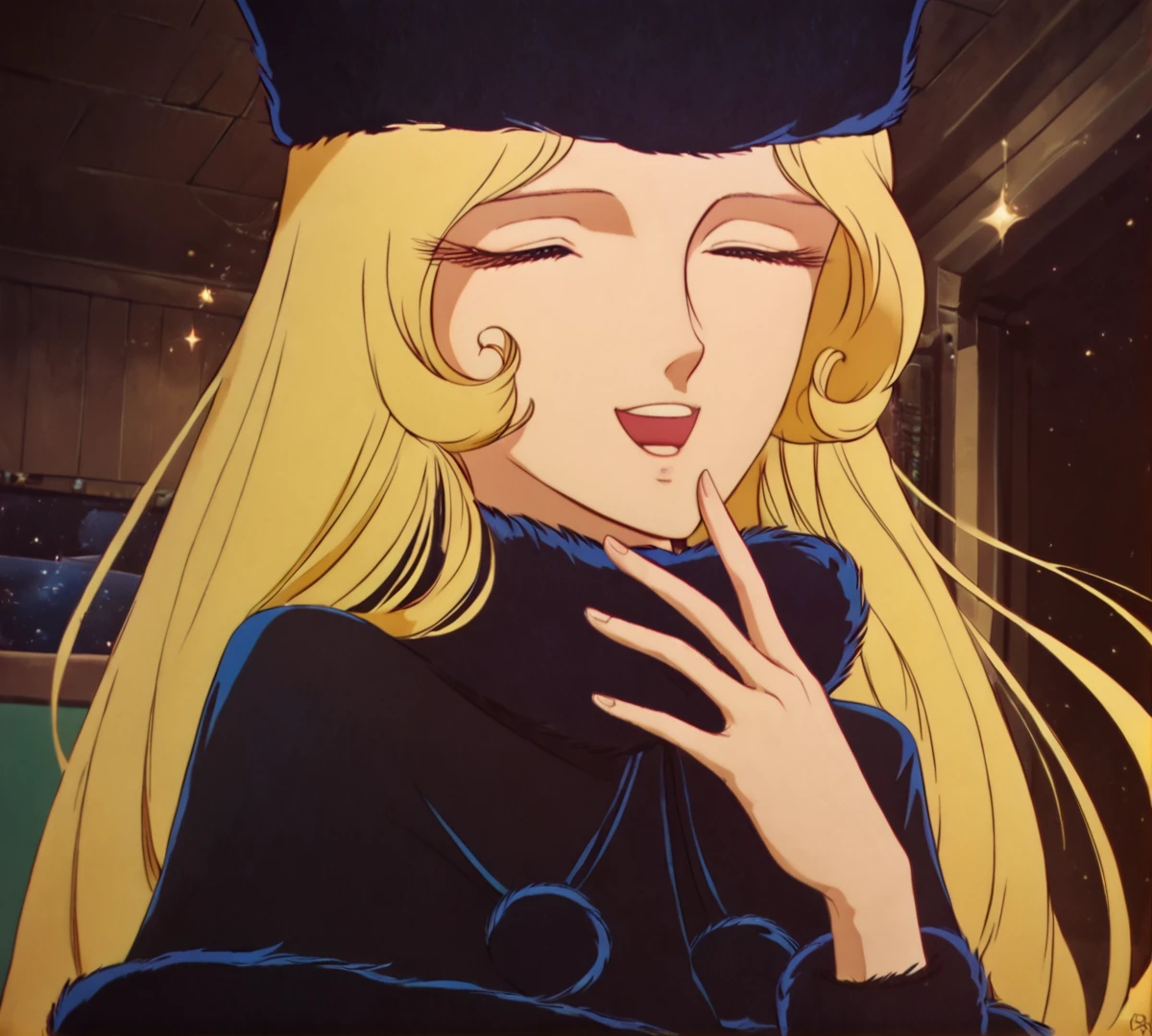 Maetel, retro style, 1980s, flat color, zPDXL, best quality, amazing quality, score 9, 1girl, eyes closed, indoors, laughing, hand to face, fur hat, black clothes, capelet, <lora:Maetel:1>