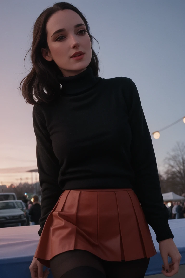 <lora:winona-08:0.6>,,winona , , photo of a woman,  ,beautiful picture, fully clothed, turtleneck sweater, skirt, thighhighs, outside, carnival, festival, sunset, detailed, epic, closeup