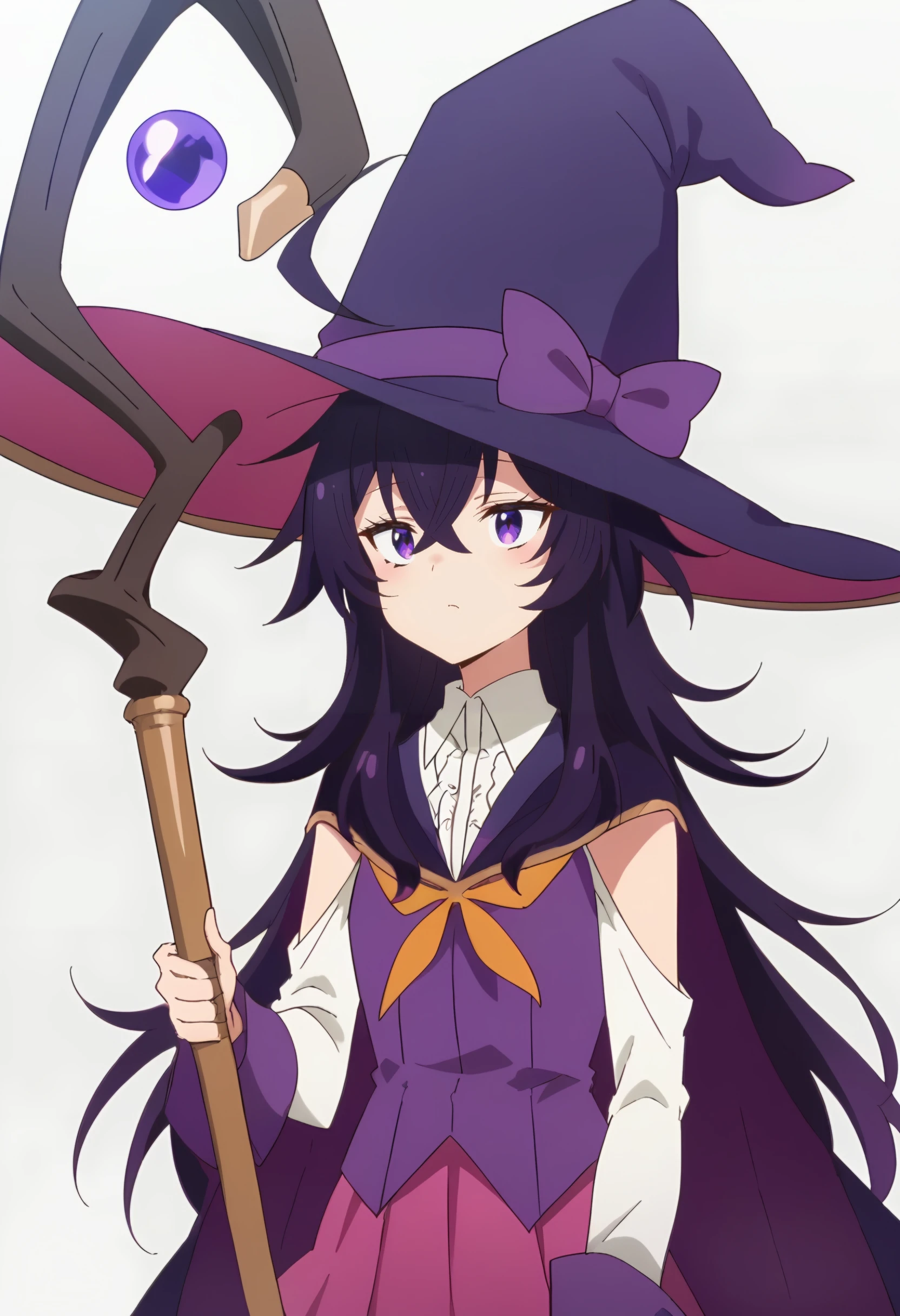 <lora:Belano:0.9> belano, long hair, purple hair, purple eyes, hair between eyes, 1girl, solo, ahoge, , white shirt, long sleeves, purple headwear,detached sleeves, staff, purple cape, hat bow, witch, purple bow, pink skirt, score_9, score_8_up, score_7_up, , anime coloring ,BREAK source_anime, anime