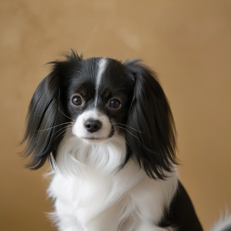 realistic upper body photograph of head (profile:1.1) of black-white continental toy spaniel (Phalene:1.1)  dog having (long-hair ears:1.3) (head:1.1), The dog has a narrow white blaze between the eyes, the dog's forehead hangs over its muzzle
BREAK illustration, flat vector graphics, (monochrome two colors:1.2), thin sharp outline, sticker imitation, NOBLEDOGS_CTS  <lora:NOBLEDOGS_CTS-000017:0.65>