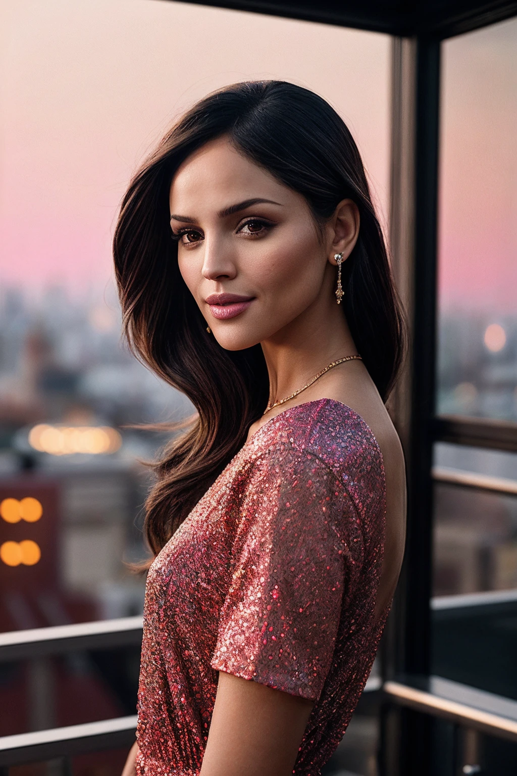 EizaG_SoloTI_v1, PA7_Portrait-MCU,
(happy, smile), posing for a picture, (Dressed in a vibrant floral sundress, adorned with a delicate anklet, emanating youthfulness and beauty), (A rooftop terrace at dusk, with city lights twinkling below, setting a chic ambiance: 1.3), (seductive:1.3),(analog, cinematic, film grain, hazy atmosphere, cinematic shot:1.3),
<lora:add_detail:0.6>,<lora:LowRa:0>