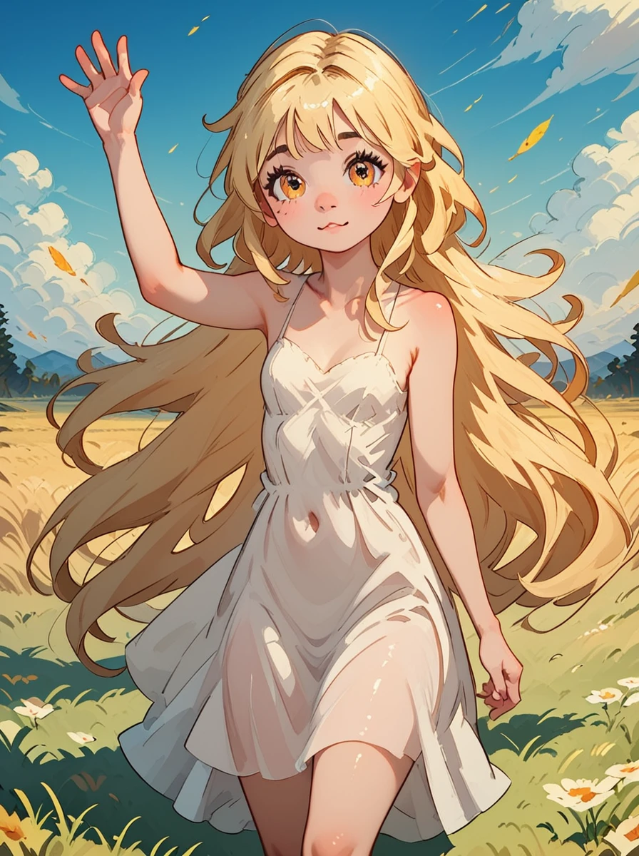 score_9, score_8_up, score_7_up, zPDXL2, <lora:flat2DAnimerge_epoch_10:2.0>, flat2D, 
(1girl:cute face, detailed eyes, long blonde hair, standing in the middle of a grass field, hair waving in the wind, stretching, naked, nude, sexy, closed eyes)