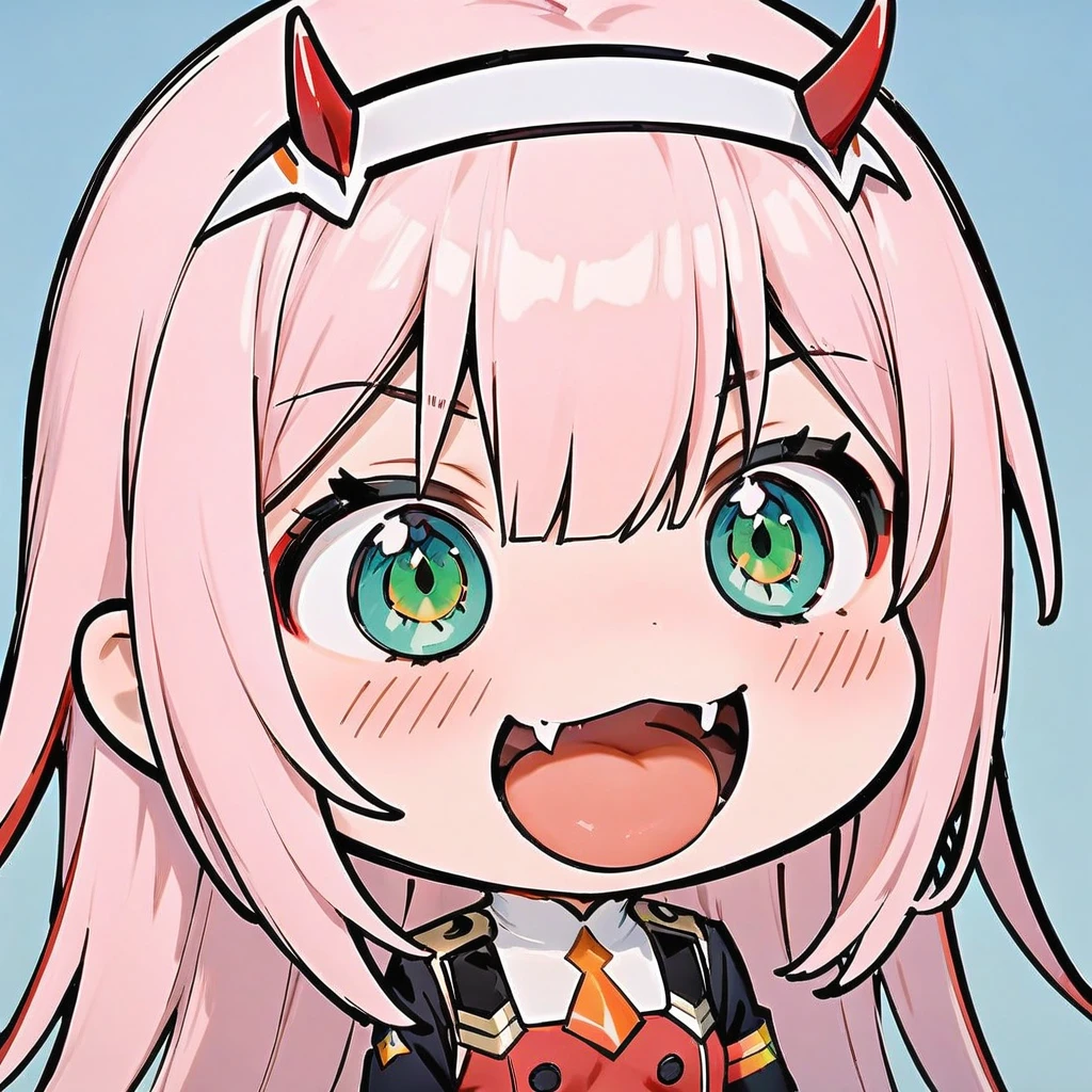 smile, :d, chibi,(masterpiece),(best quality),1girl, aqua_background, aqua_eyes, blue_background, buttons, double-breasted, fangs, green_eyes, hairband, horns, long_hair, looking_at_viewer, military, military_uniform, necktie, pink_hair, sky, solo, tongue, tongue_out, uniform, white_hairband, zero_two_\(darling_in_the_franxx\)
