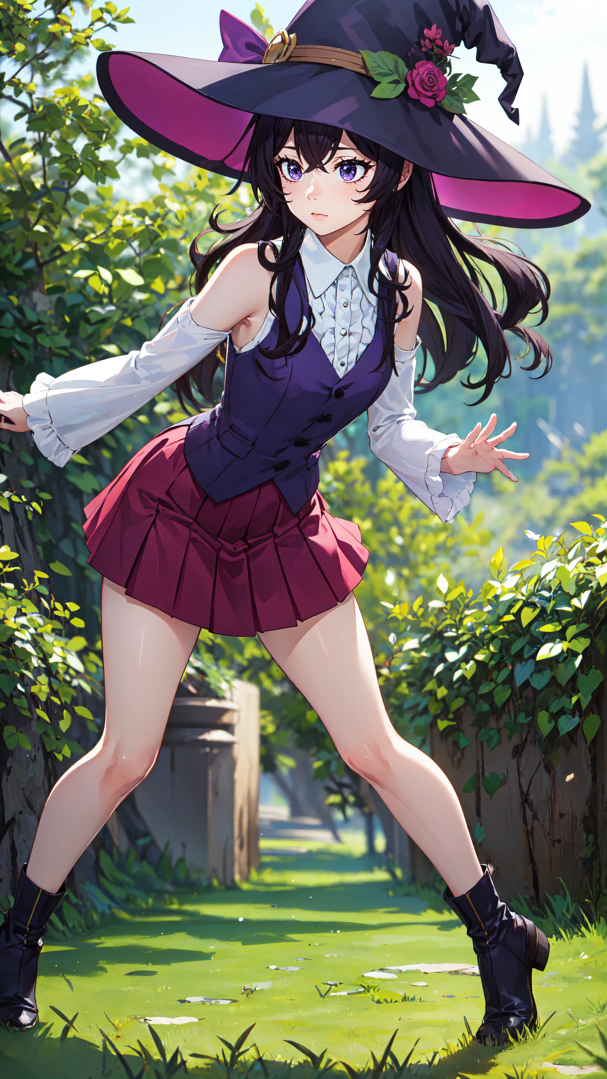 photorealistic, (4k), depth of field, (Masterpiece), (realistic skin texture), extremely detailed, intricate, hyper detailed, professional photography, bokeh, high resolution, sharp detail, best quality, girl, long hair, purple hair, purple eyes, witch hat, white collar, purple vest, white sleeves,, bare shoulders, shoulder cutout, pink pleated skirt, <lora:GoodHands-vanilla:0.4>, <lora:detail_slider_v4:0.8> , dynamic pose, (touching toes), <lora:Belano:0.7>, forest, tall grass, nature, outdoors,