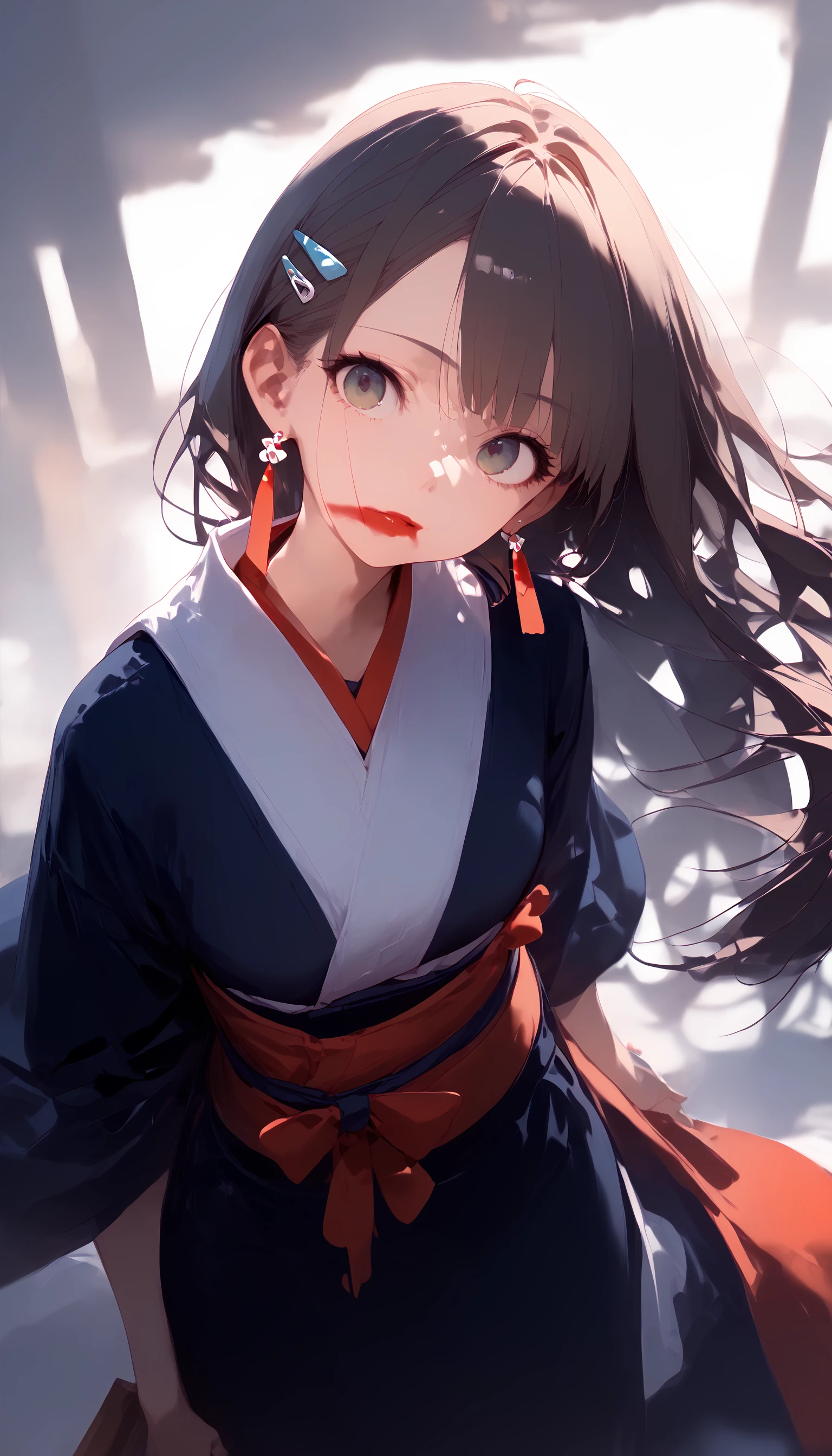 score_9,score_8_up,score_7_up,1girl,solo,earrings,hairclip,head tilt,long curl hair,sash,dynamic_angle,
<lora:smeared lipstick_pony_bx-v2.04:1>,smeared lipstick,