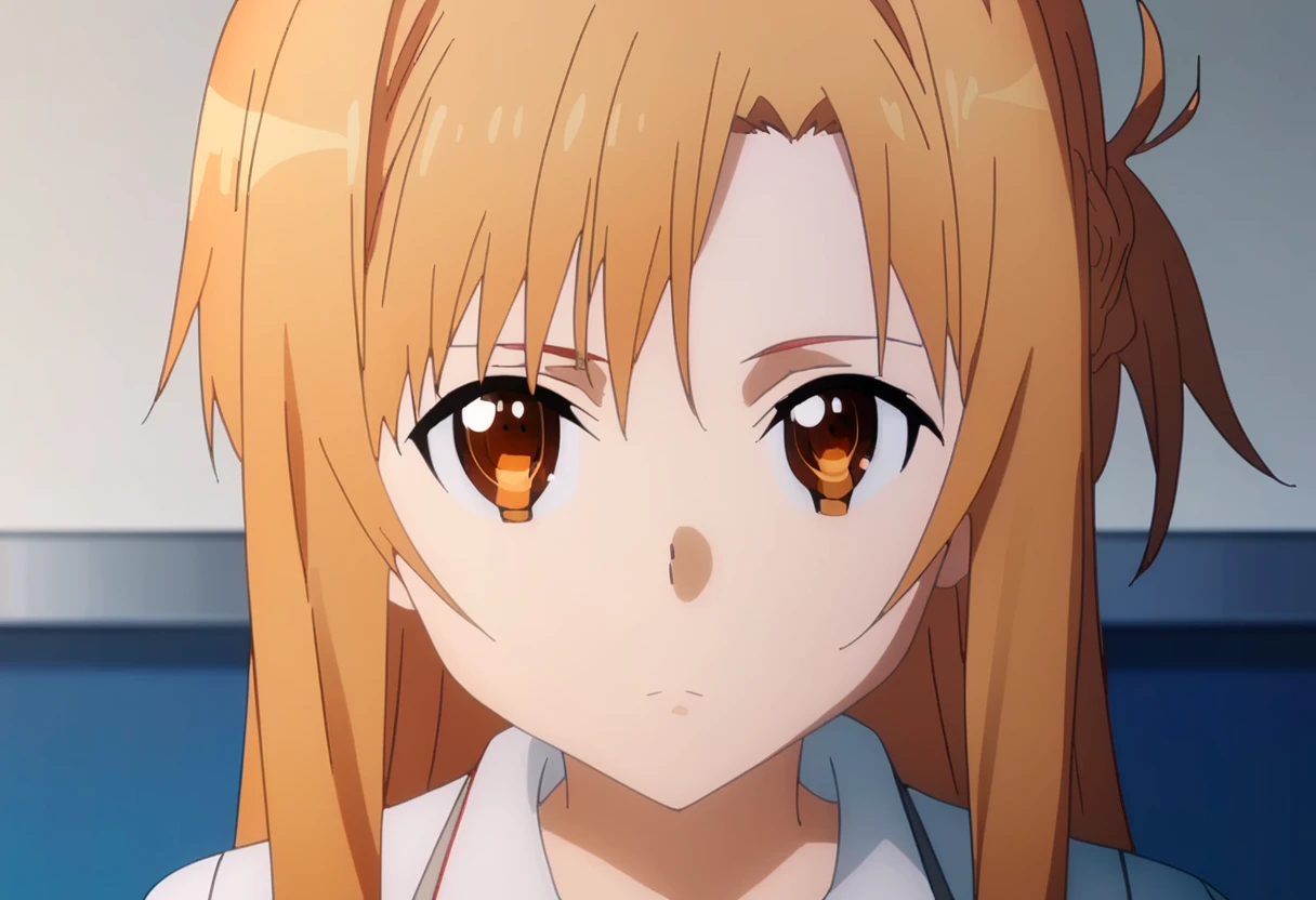 score_9, <lora:yuuki_asuna:1> yuuki asuna, 1girl, asuna (sao), braid, brown eyes, brown hair, looking at viewer, indoors, long hair, parody, shirt, solo, yuuki asuna