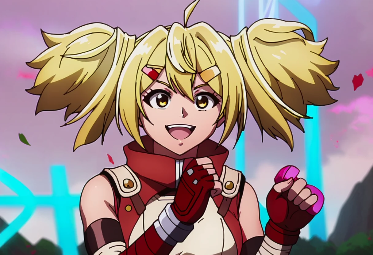 score_9, <lora:Oikatzo:1> oikatzo, 1girl, ahoge, blonde hair, fingerless gloves, gloves, hair ornament, hairclip, holding, oikatzo, open mouth, red gloves, smile, solo, twintails