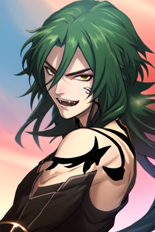 (masterpiece),(best_quality),muscular,open mouth,fangs,1boy,Kongouyasha,body tattoo,green hair,<lora:Kongouyasha:1>,