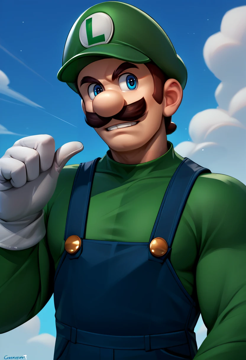 score_9, score_8_up, score_7_up, source_anime, thumb pointing, pointing at self, upper body, <lora:ThumbPointingAtSelf_XLPD:1>, <lora:Luigi_XLPD:1> Incrsluigi, luigi, green headwear, blue overalls, white gloves, long sleeves, muscular, smirk,