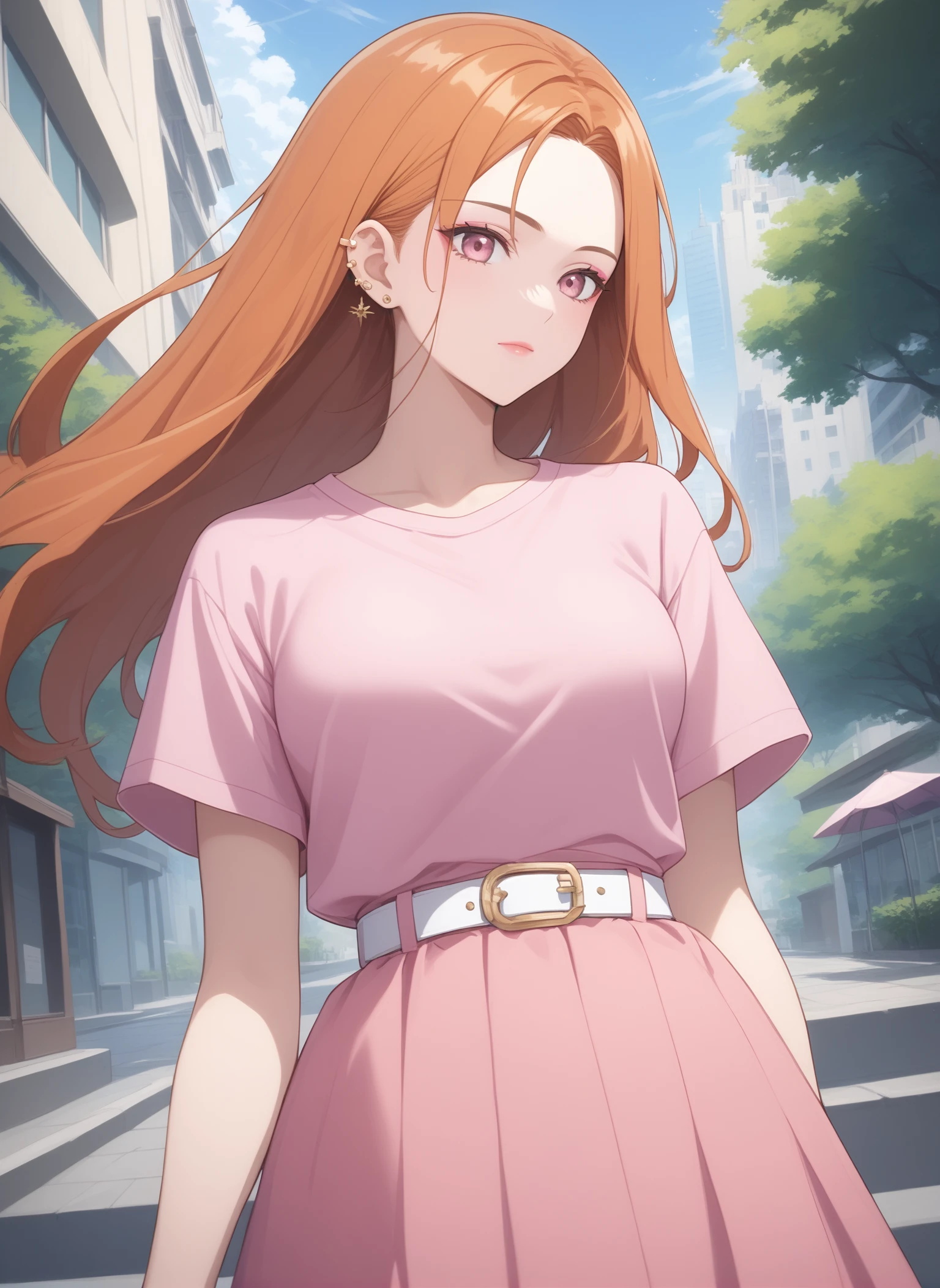 score_9, score_8_up, score_7_up, intricate details, source_anime, intricate details, highly detailed background, perfect lightingbest quality, irachoi, solo, outdoors, city, orange hair, parted bangs, forehead, long hair, makeup, pink eyes, ear piercing, breasts, pink shirt, short sleeves, white belt, pink skirt, closed mouth, pink lips, <lora:Ira-Choi:0.7>