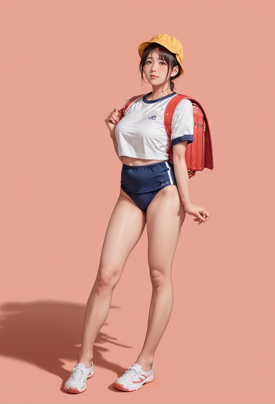 score_9,score_8_up,score_7_up,8k,hd,blush,red background,1girl,solo,full body,,ruanyi0159,randoseru,gym uniform,backpack,yellow hat,school hat,mature female,long legs,<lora:0159 adult student dream_v1_pony:0.9>
