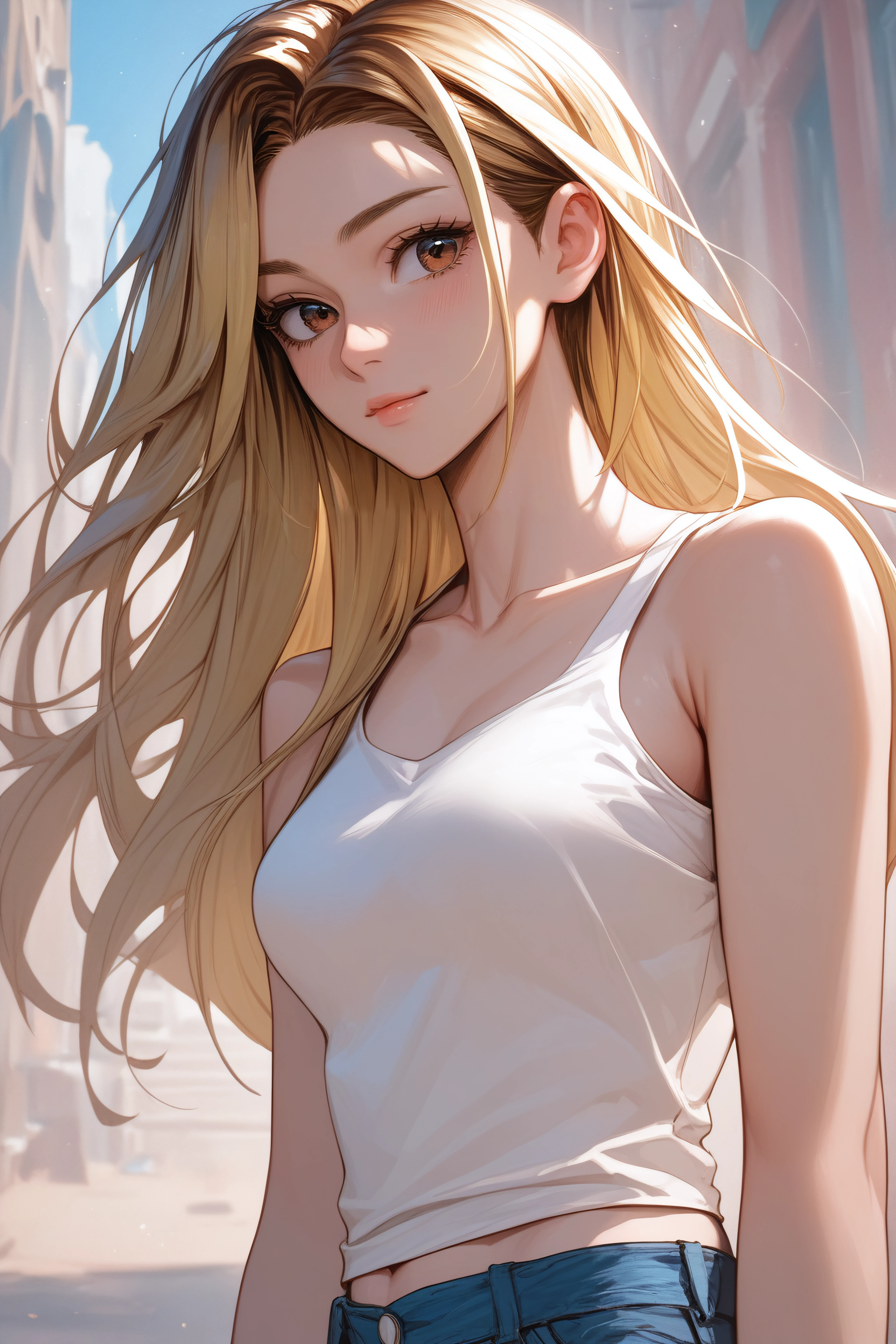 score_9, score_8_up, score_7_up, <lora:Jia Han-PonyXL-lora-Faxtron:0.8> jia han, brown eyes, blonde hair, multicolored hair, long hair, medium breasts, white tank top, bare shoulders, collarbone, sleeveless, blue denim shorts, standing,