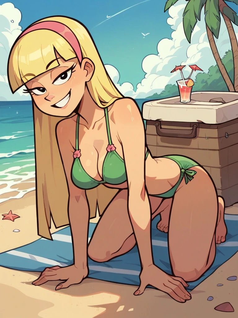 score_9, score_8_up, score_7_up, 
1girl, kendall perkins, blonde hair, blunt bangs, pink hairband, black eyes, long hair, 
looking at viewer, smile, narrowed eyes,

green bikini, medium breasts, beach,