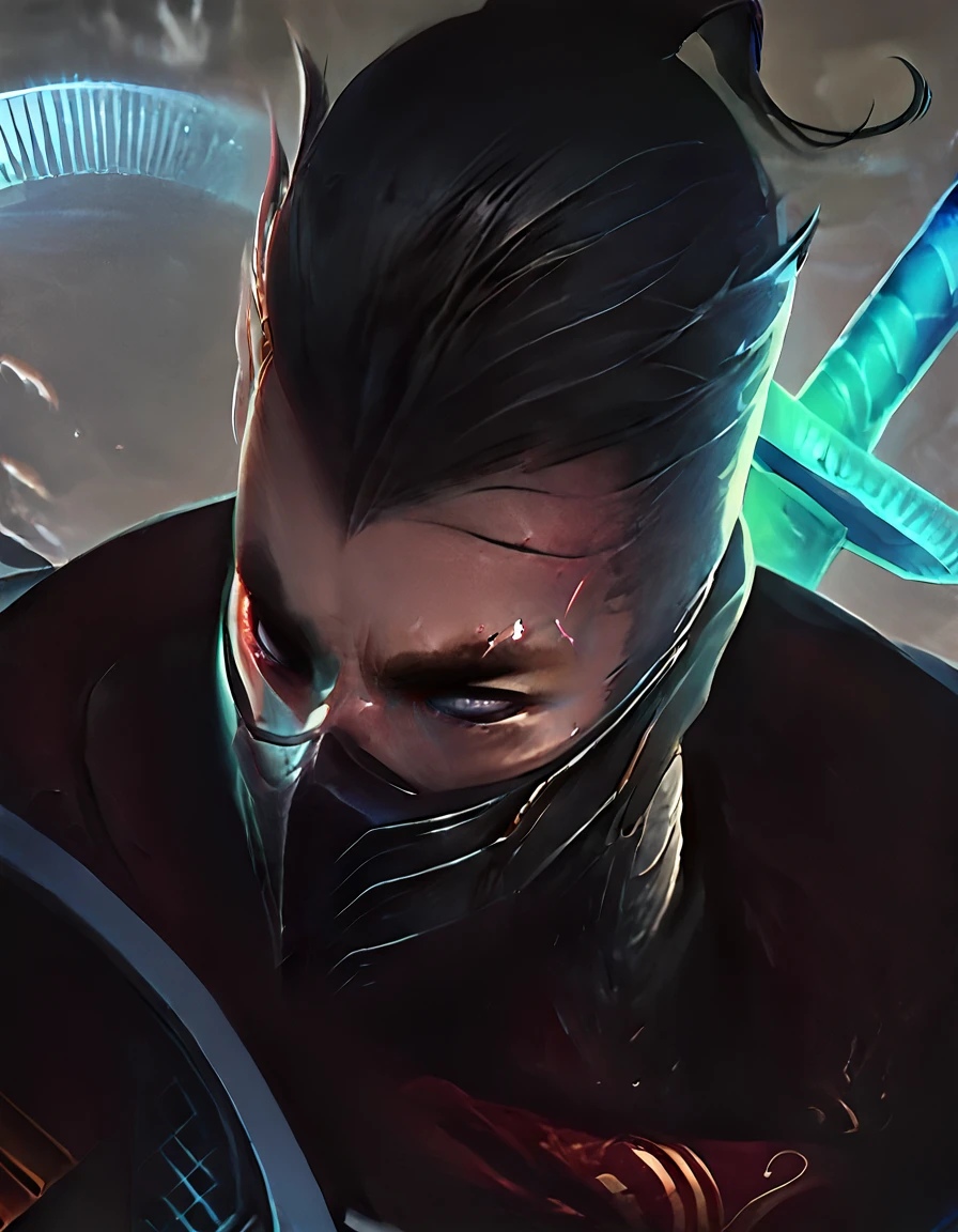 score_9, score_8_up, score_7_up, score_6_up, score_5_up, score_4_up, source_anime, Shen, solo, looking at viewer, short hair, blue eyes, black hair, gloves, 1boy, green eyes, upper body, weapon, white hair, grey hair, male focus, sword, artist name, signature, armor, grey eyes, mask, glowing, scar, katana, portrait, close-up, smoke, realistic, mouth mask, scar across eye, covered mouth, hair slicked back